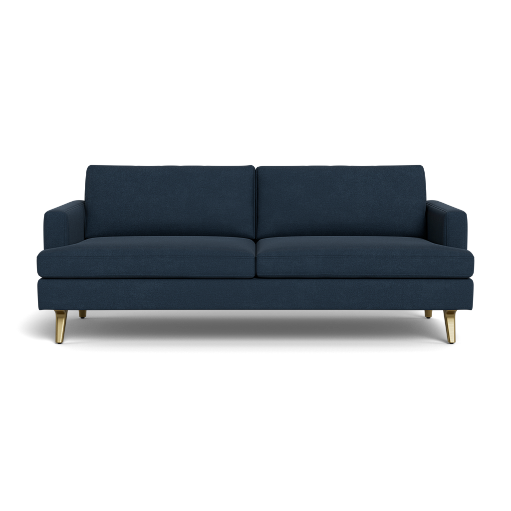 The Lido Sofa 75" is a modern dark blue sofa featuring two large seat cushions, two back cushions, and short, angled gold legs, displayed against a plain black background.