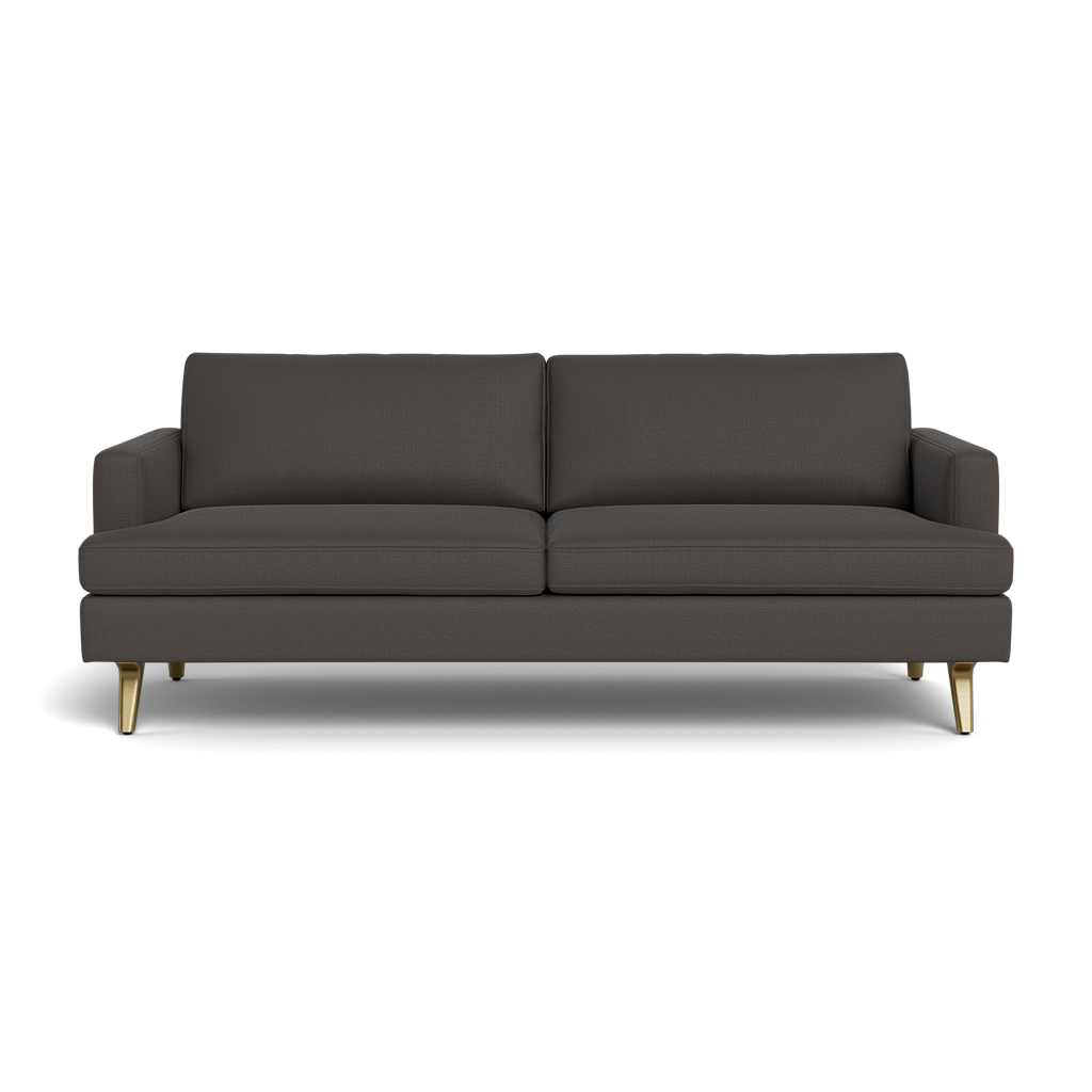 The Lido Sofa 75" features a modern dark gray design with two seat cushions, two back cushions, slim armrests, and short gold legs, displayed against a plain black background.