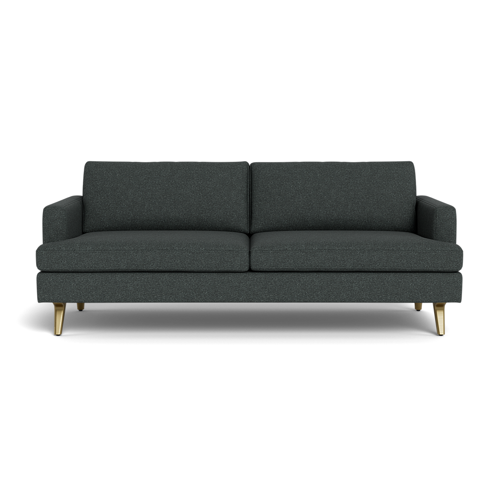The Lido Sofa 75" is a modern dark gray fabric sofa featuring two seat and back cushions, narrow armrests, and four angled wooden legs, shown against a black background.