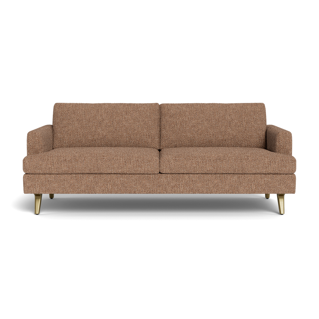 The Lido Sofa 75" features a modern brown fabric design with two seat and back cushions, low arms, and four angled gold legs, displayed against a black background.