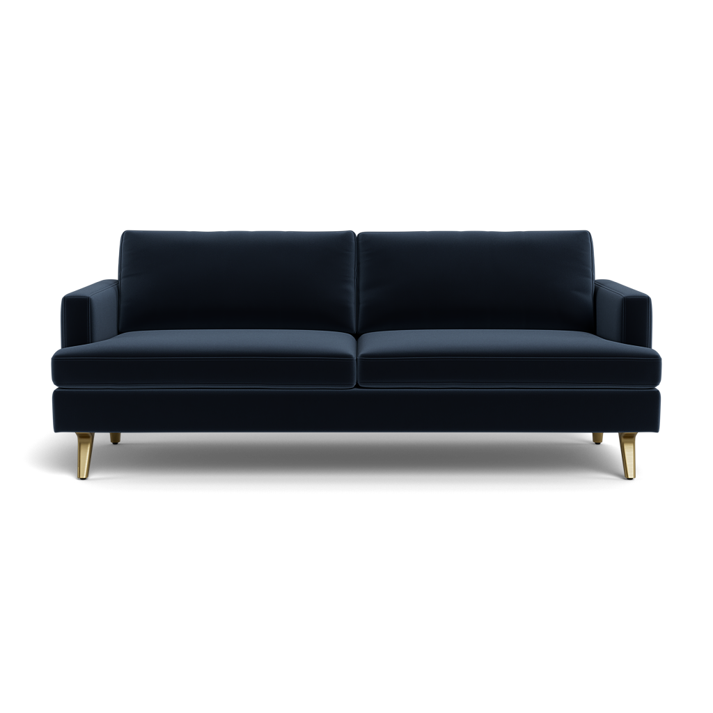 The Lido Sofa 75" is a modern dark blue velvet sofa featuring two seat cushions, two back cushions, slim armrests, and four angled gold legs, displayed against a plain black background.