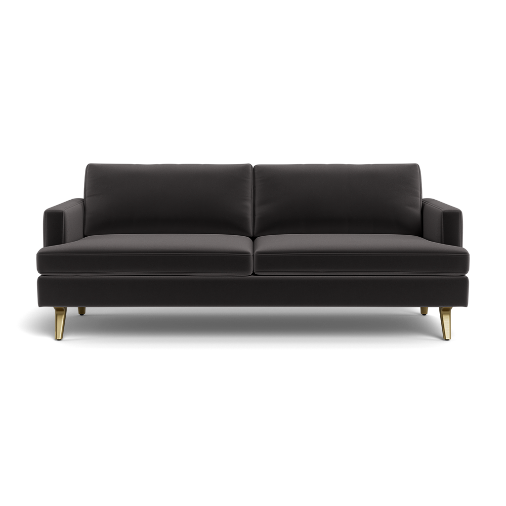 The Lido Sofa 75" is a modern black sofa featuring two seat cushions, two back cushions, and short, angled gold legs, displayed from the front against a plain black background.