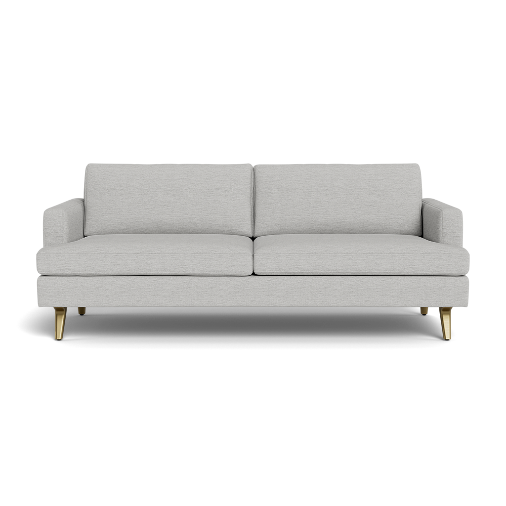 The Lido Sofa 75" features a modern light gray design with two seat cushions, two back cushions, square arms, and four angled wooden legs, shown against a solid black background.