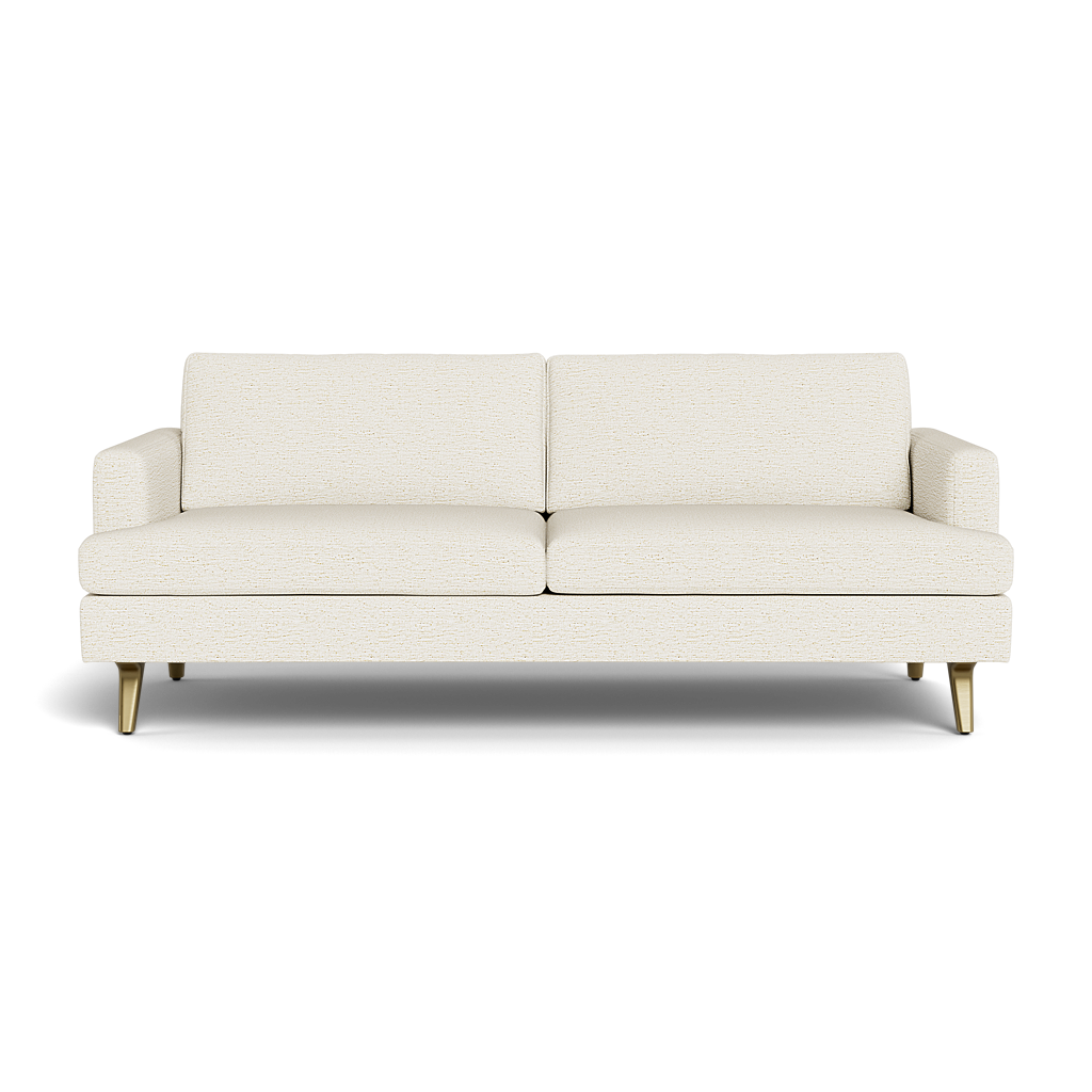 The Lido Sofa 75" is a modern, cream-colored piece with two seat and back cushions, straight arms, and wooden legs, displayed against a black background.