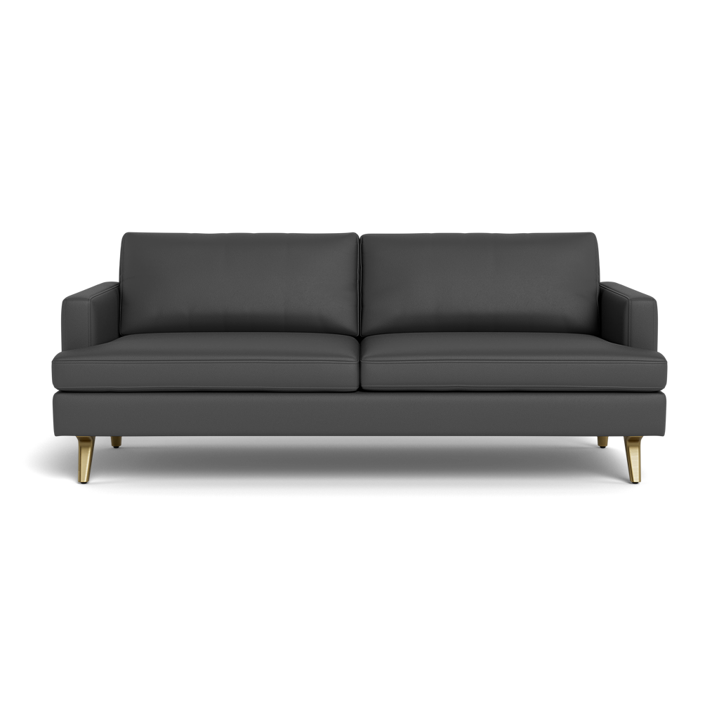 The Lido Sofa 75" features a modern dark gray design with two seat cushions, two backrest cushions, square armrests, and gold-colored legs, displayed against a plain black background.