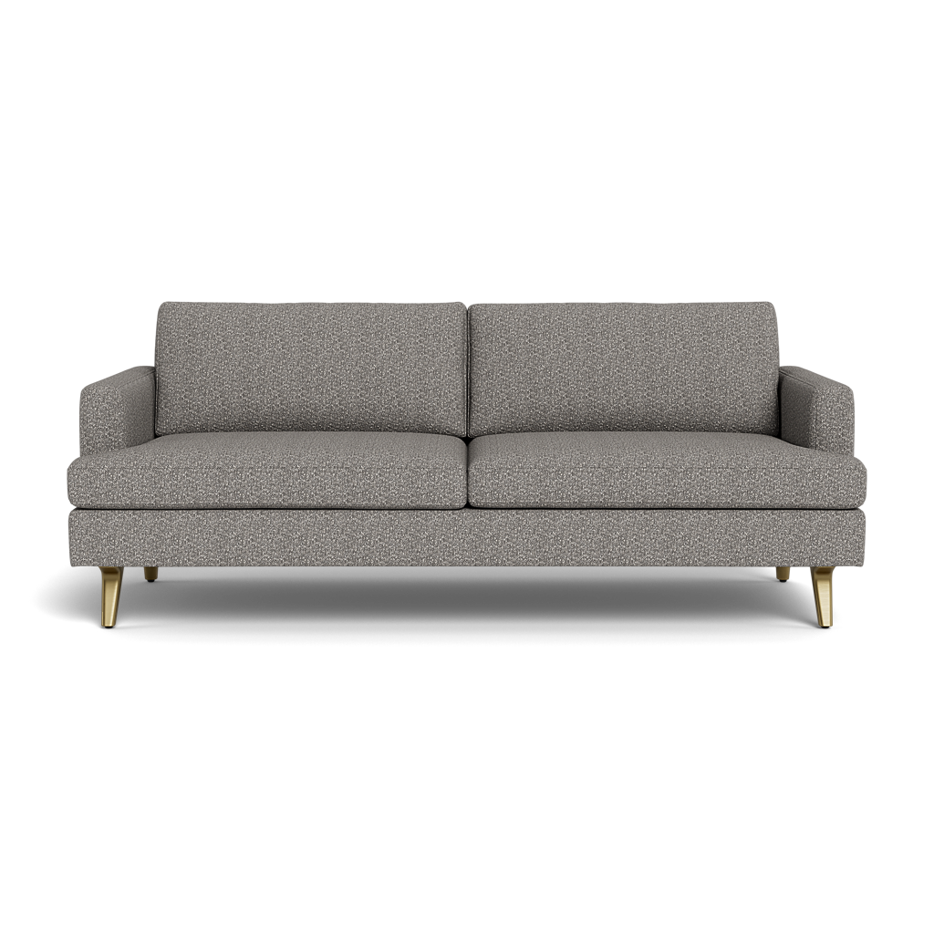 The Lido Sofa 75" is a modern gray upholstered sofa with two seat and two back cushions, low armrests, and angled wooden legs, shown against a black background.