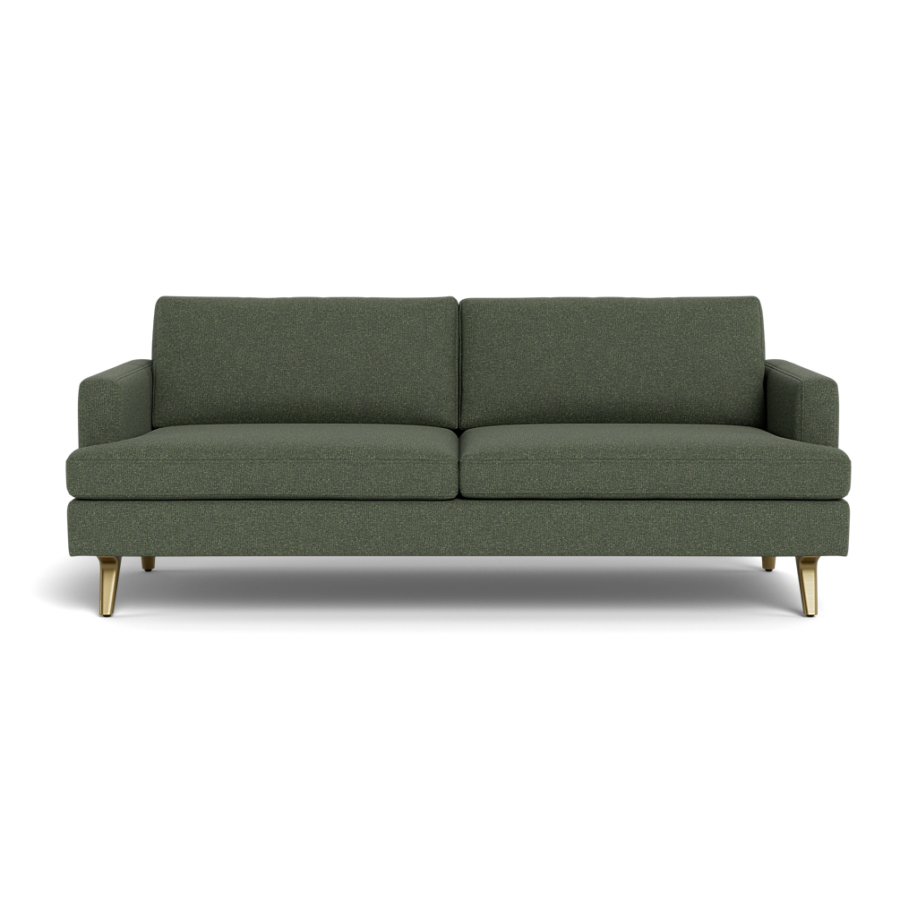 The Lido Sofa 75" features a modern design with dark green upholstery, two seat and back cushions, low square arms, and wooden legs, shown from the front against a plain black background.