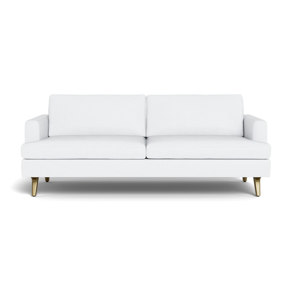 The Lido Sofa 75" is a modern white upholstered sofa with two seat cushions, two back cushions, and short wooden legs, shown against a black background.