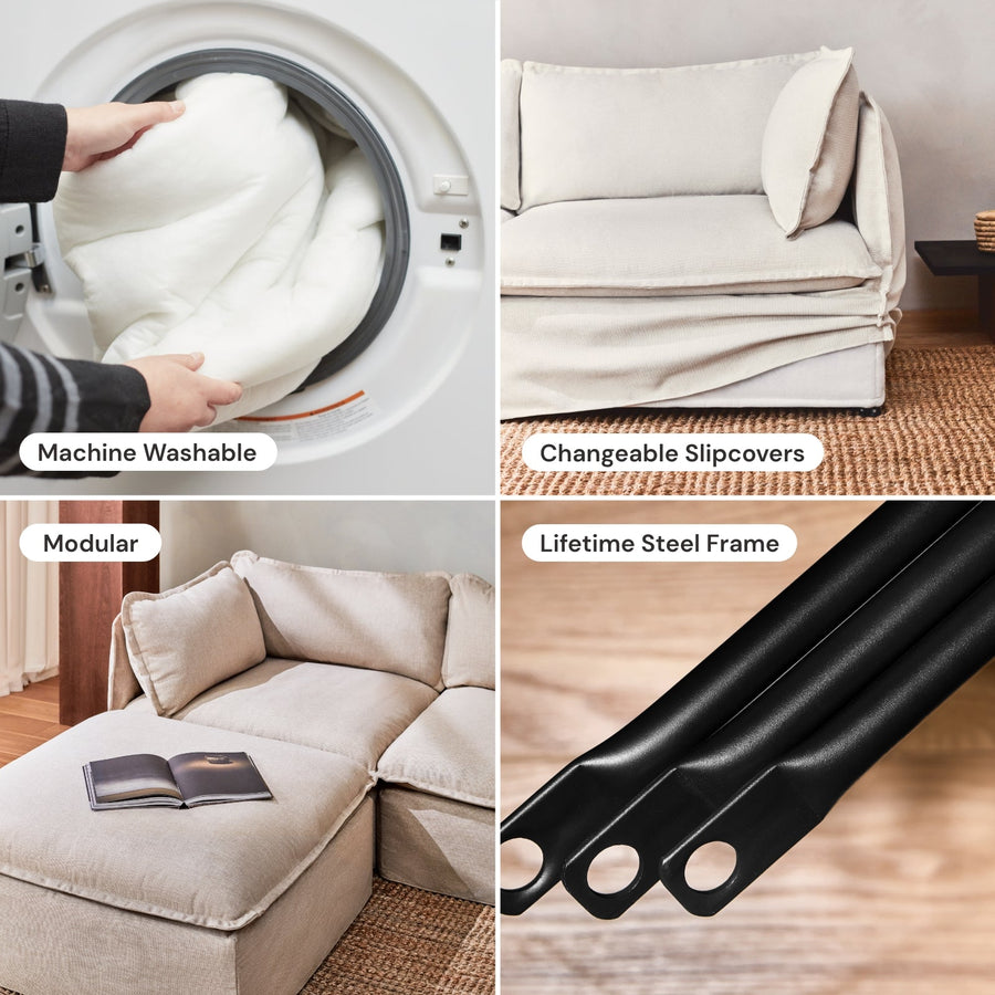 A collage showcasing the Modular Performance 2-Seater with Sink-in Comfort Cushion, featuring beige slipcovers. Top left: a washing machine with a cushion labeled "Machine Washable." Top right: the sofa with an "Interchangeable Slipcovers" label. Bottom left: the sofa along with an ottoman labeled "Modular Design." Bottom right: a "Lifetime Steel Frame" label.
