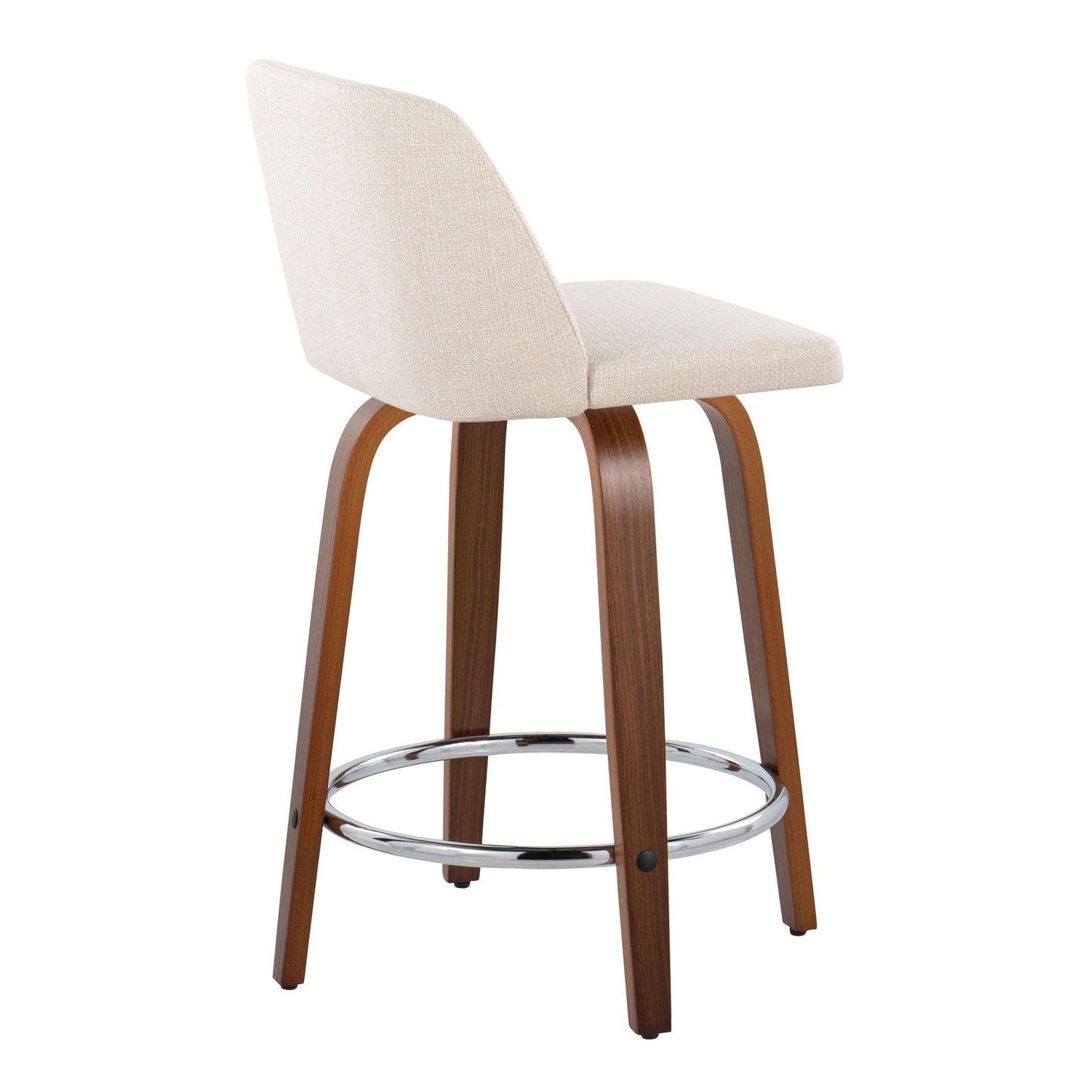 The Toriano set features mid-century modern fixed height counter stools with cream cushioned seats, backrests, wooden legs, and circular metal footrests. Its sleek design fits perfectly in any kitchen or bar area.