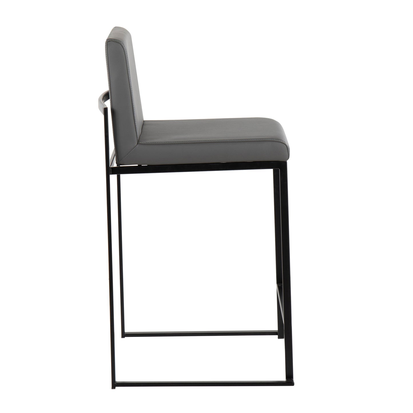 The Fuji - Contemporary Modern Elegance, High Back Counter Stool features a black metal frame with a cushioned gray seat and backrest, showcased from the side against a white background.
