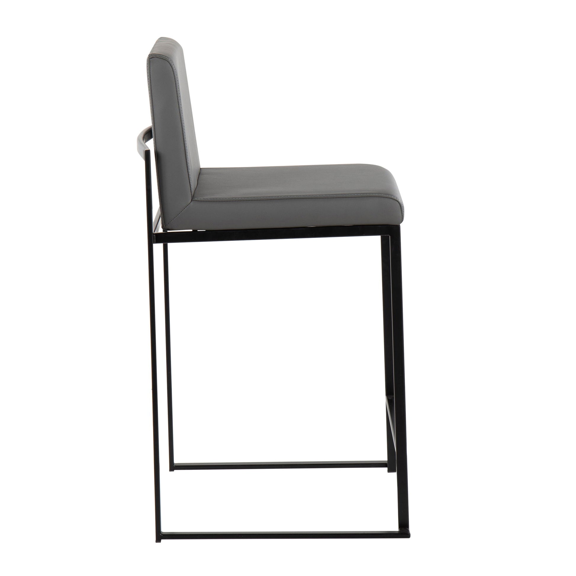 The Fuji - Contemporary Modern Elegance, High Back Counter Stool features a black metal frame with a cushioned gray seat and backrest, showcased from the side against a white background.