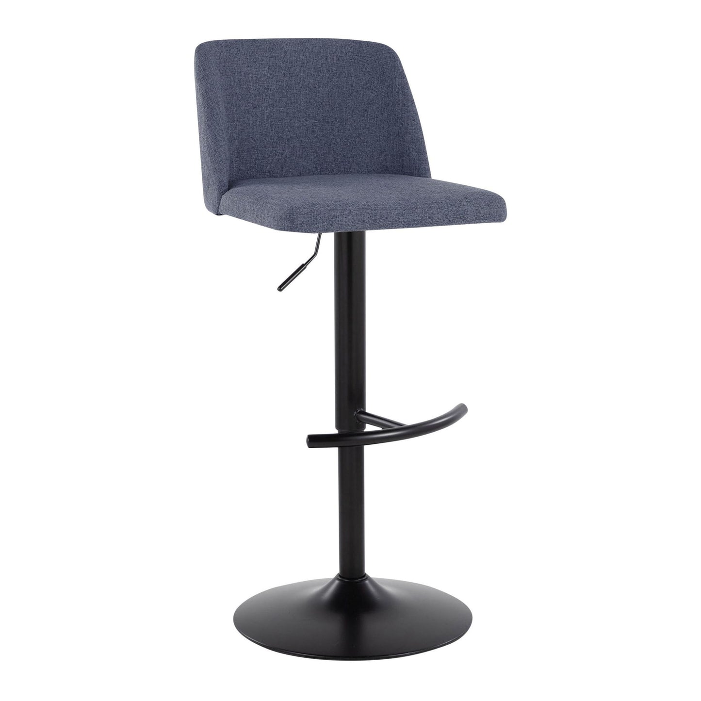 The Toriano Contemporary Adjustable Bar Stool (Set of 2) features a blue upholstered seat and backrest, black metal pedestal base, and a rounded T footrest for modern style and comfort.