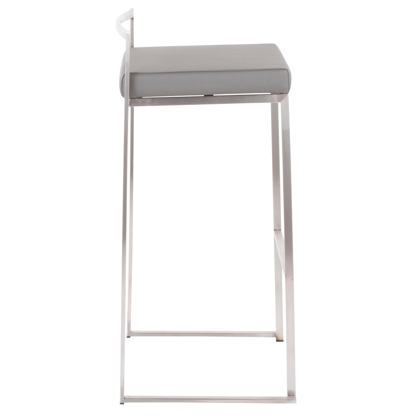 The Fuji Stackable Barstool features a contemporary, elegant design with a sleek metal frame, footrest, and rectangular light gray cushioned seat, shown from the front.