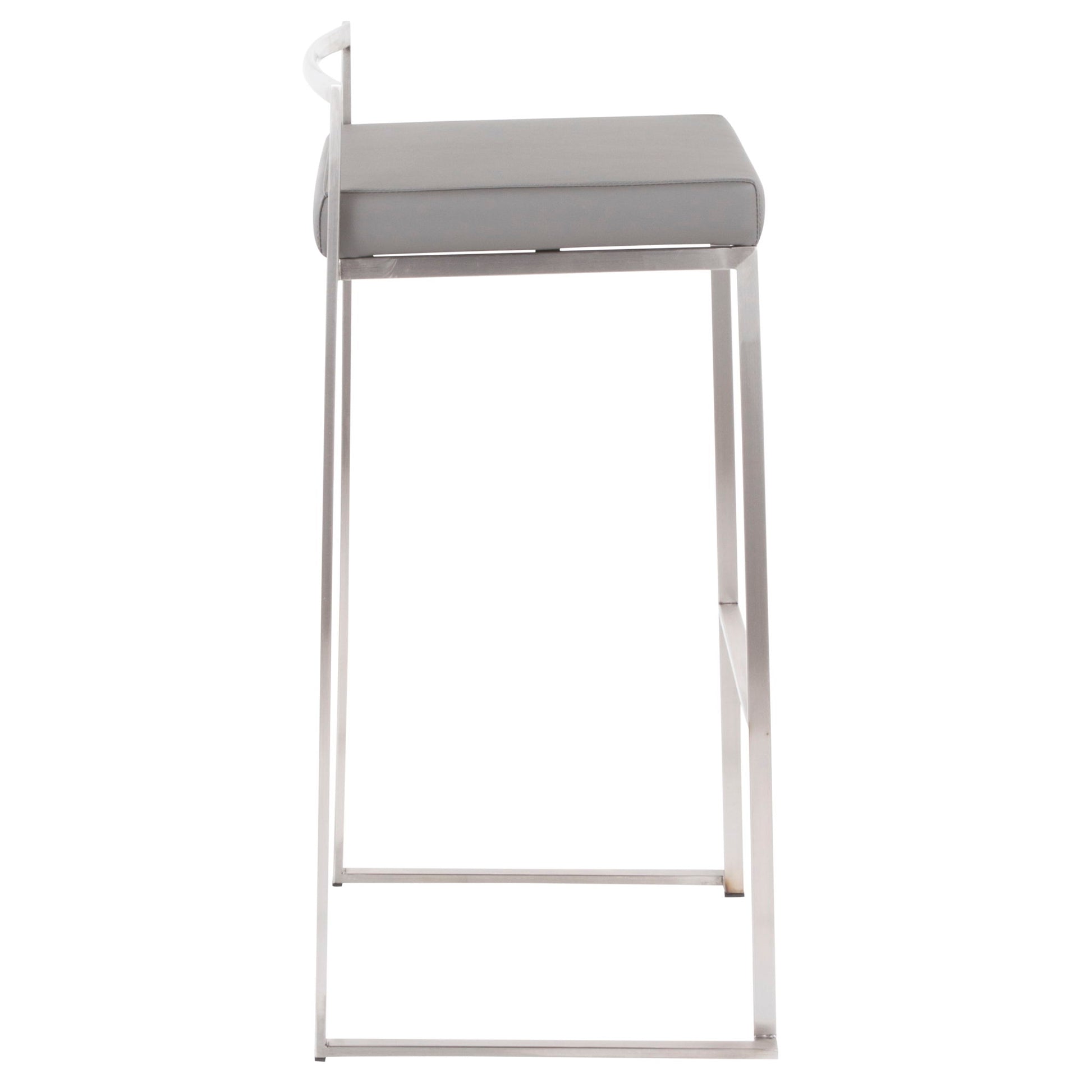 The Fuji Stackable Barstool features a contemporary, elegant design with a sleek metal frame, footrest, and rectangular light gray cushioned seat, shown from the front.
