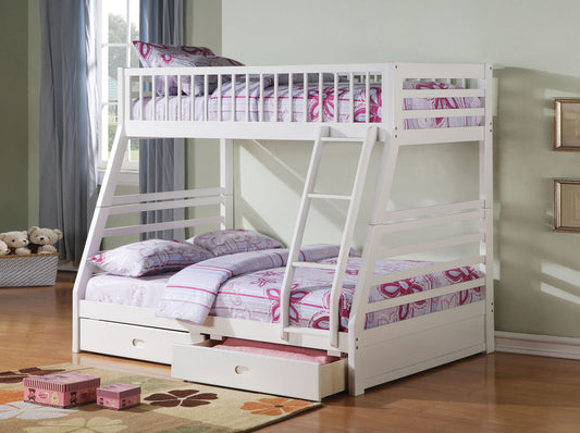 The Jason - Bunk Bed With Storage features a white wooden frame, a twin bed on top, a full bed below with purple and pink patterned bedding, two storage drawers underneath, and a ladder to the top bunk.