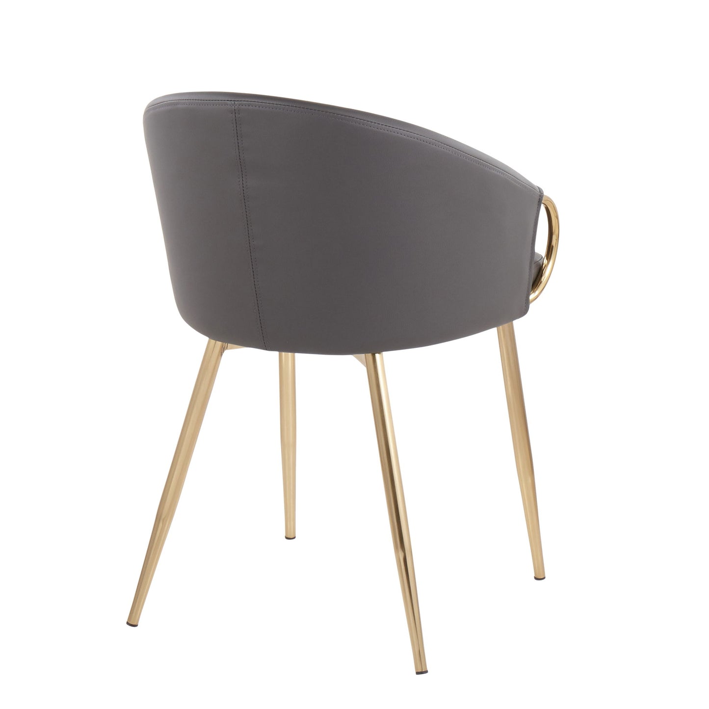 The Claire - Contemporary Glam Chair features a curved gray upholstered backrest, gold metal legs, and a circular gold handle, offering a sleek and modern design.