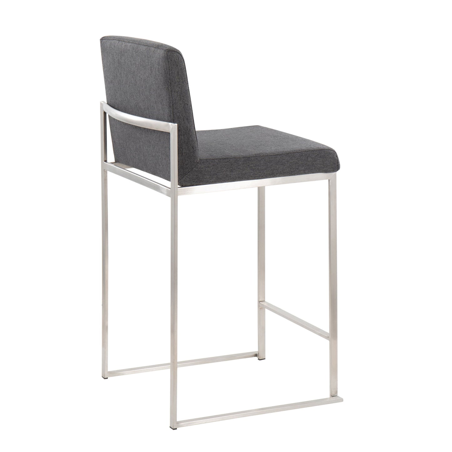 The Fuji Contemporary High Back Counter Stool features a gray upholstered seat and backrest, supported by a sleek silver metal frame. Its functional design includes a high back and armless style for modern appeal.