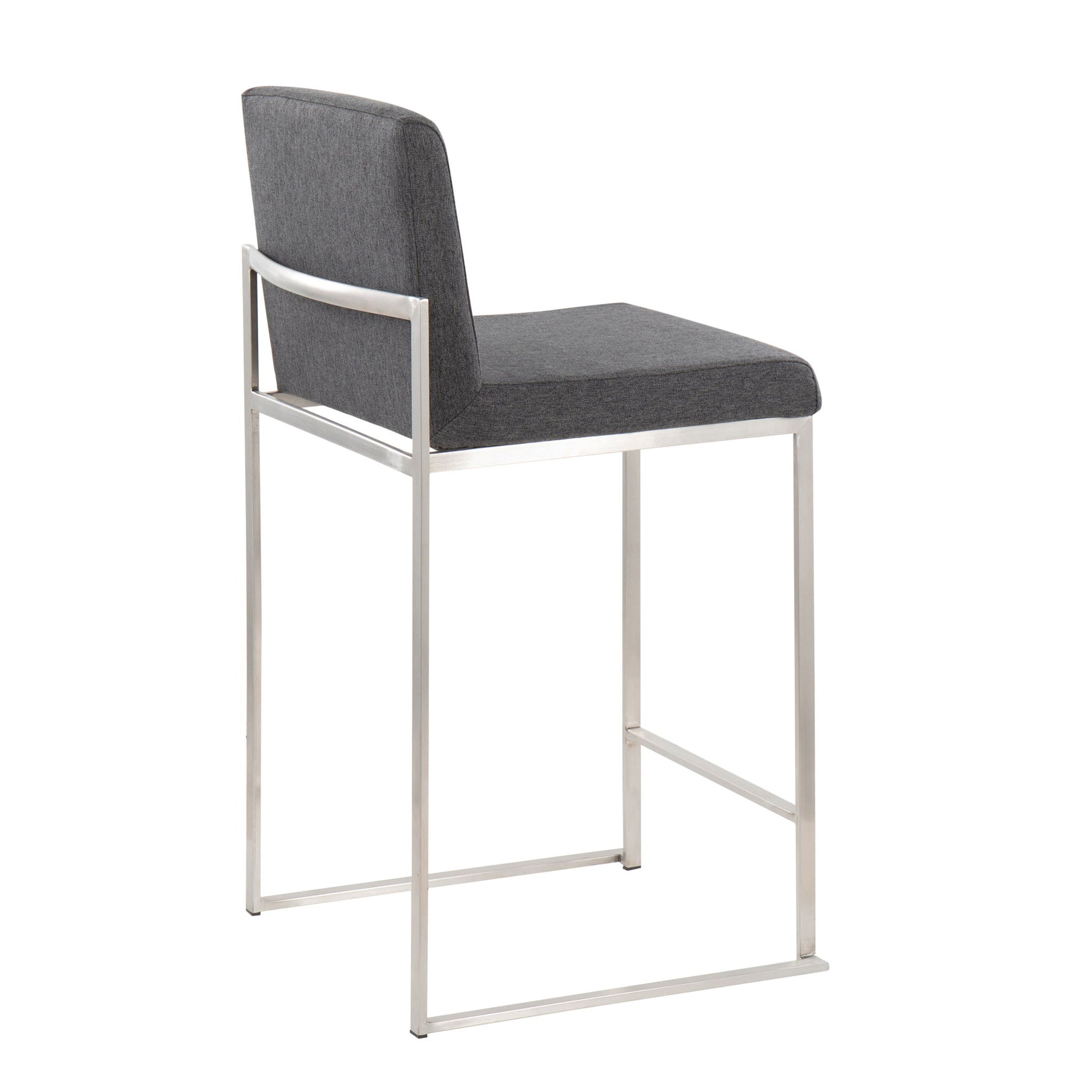 The Fuji Contemporary High Back Counter Stool features a gray upholstered seat and backrest, supported by a sleek silver metal frame. Its functional design includes a high back and armless style for modern appeal.