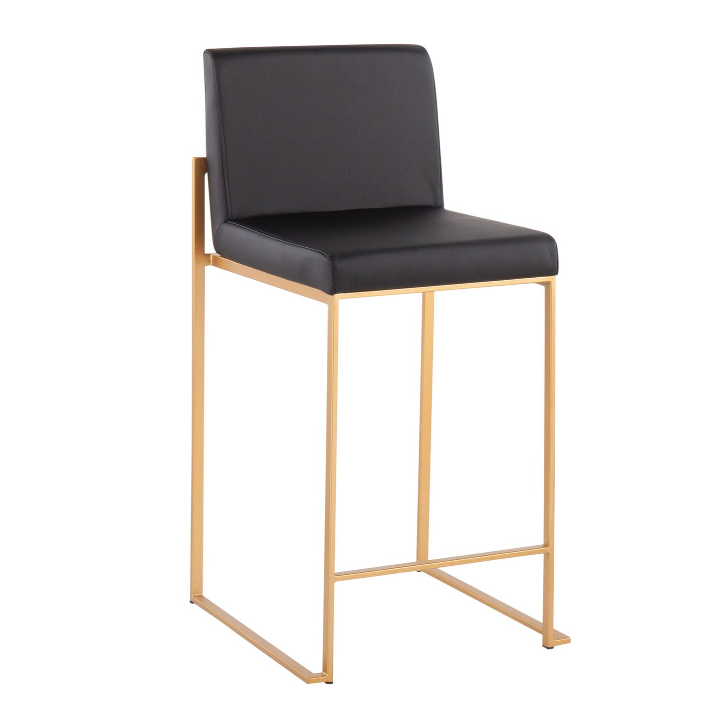 The Fuji - Contemporary High Back Stylish Counter Stool features a black cushioned seat and backrest, complemented by a sleek gold metal frame with straight legs and a minimalist design.