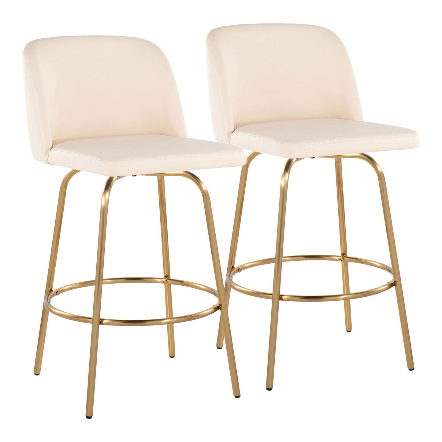 The Toriano set includes two contemporary fixed-height counter stools with swivel function, featuring white cushioned seats and backs, gold metal legs, and round footrests for a sleek, minimalist look.