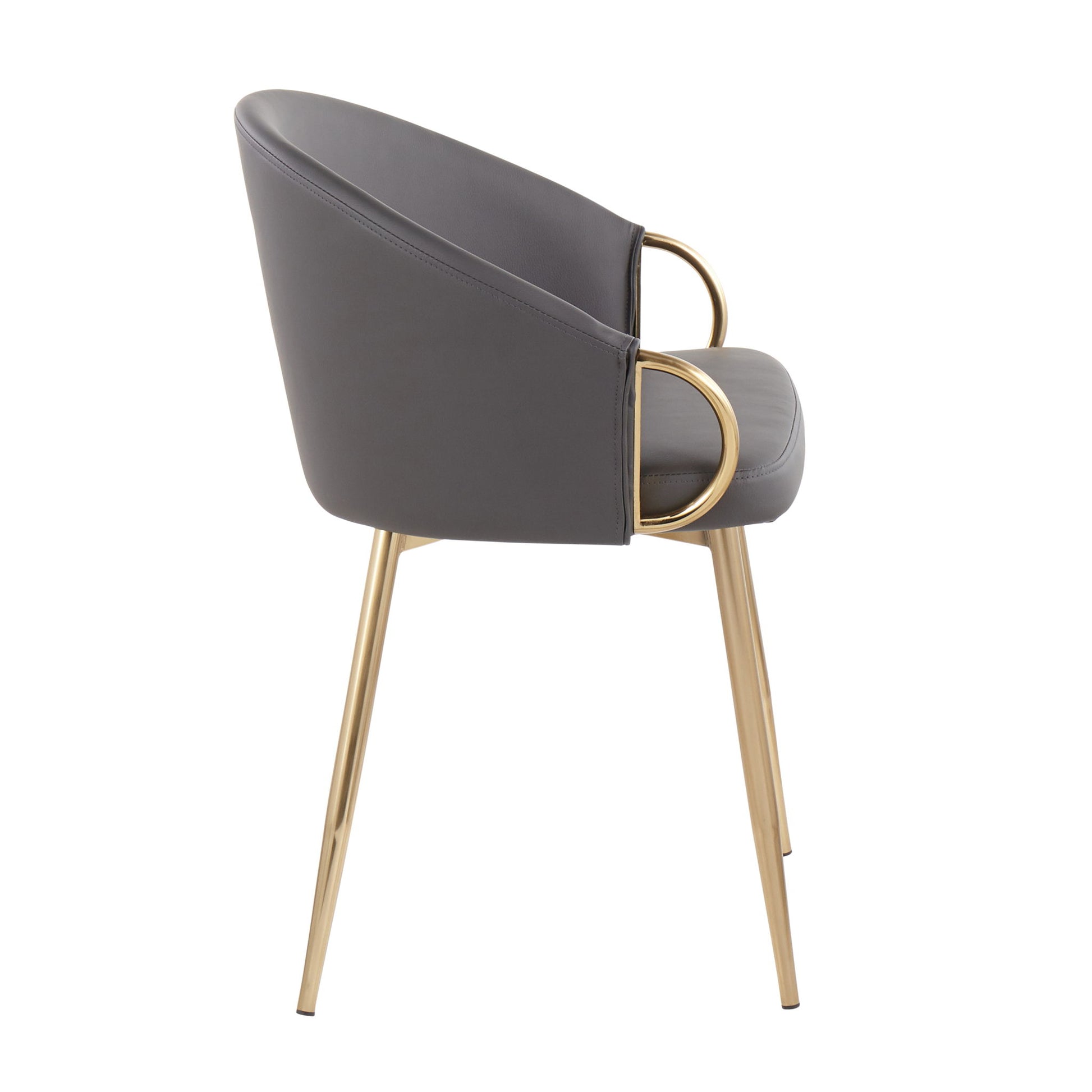 The Claire - Contemporary Glam Chair features a gray upholstered seat and backrest, sleek gold metal legs, and curved gold armrests, showcased from a side view.