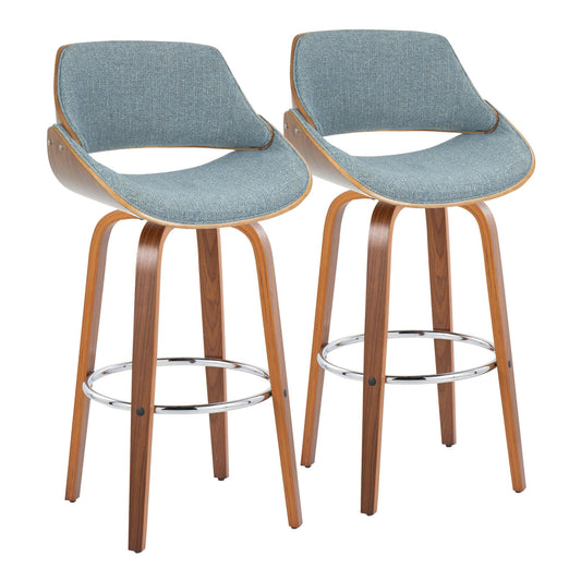 The Fabrizzi set includes two mid-century modern barstools with swivel seats, curved wooden frames in a warm tone, blue-gray upholstered seats and backrests, metal accents, and round footrests.