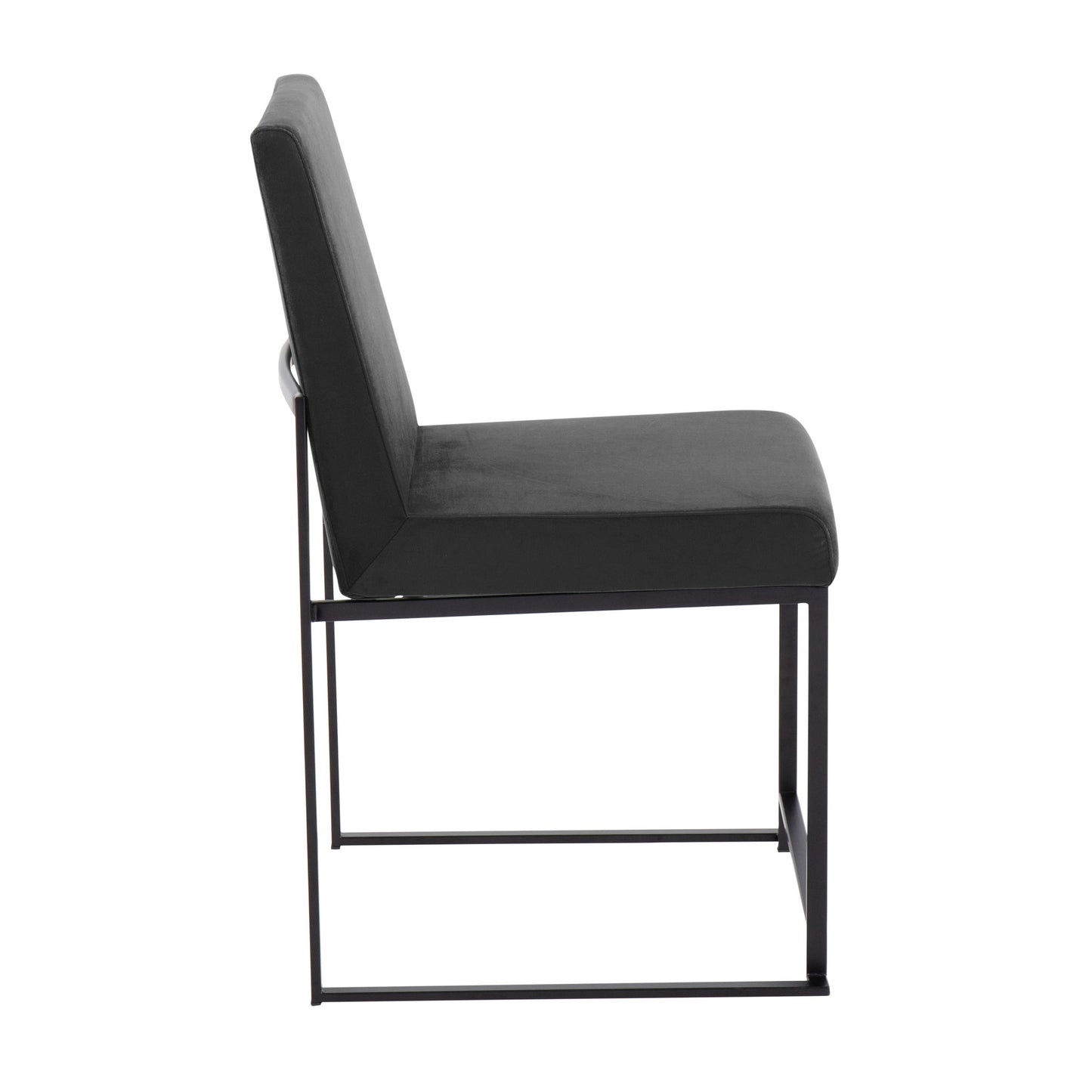 Side view of the Fuji High Back Dining Chair (set of 2), featuring a black cushioned seat and backrest on a minimalist black metal frame, shown against a white background.