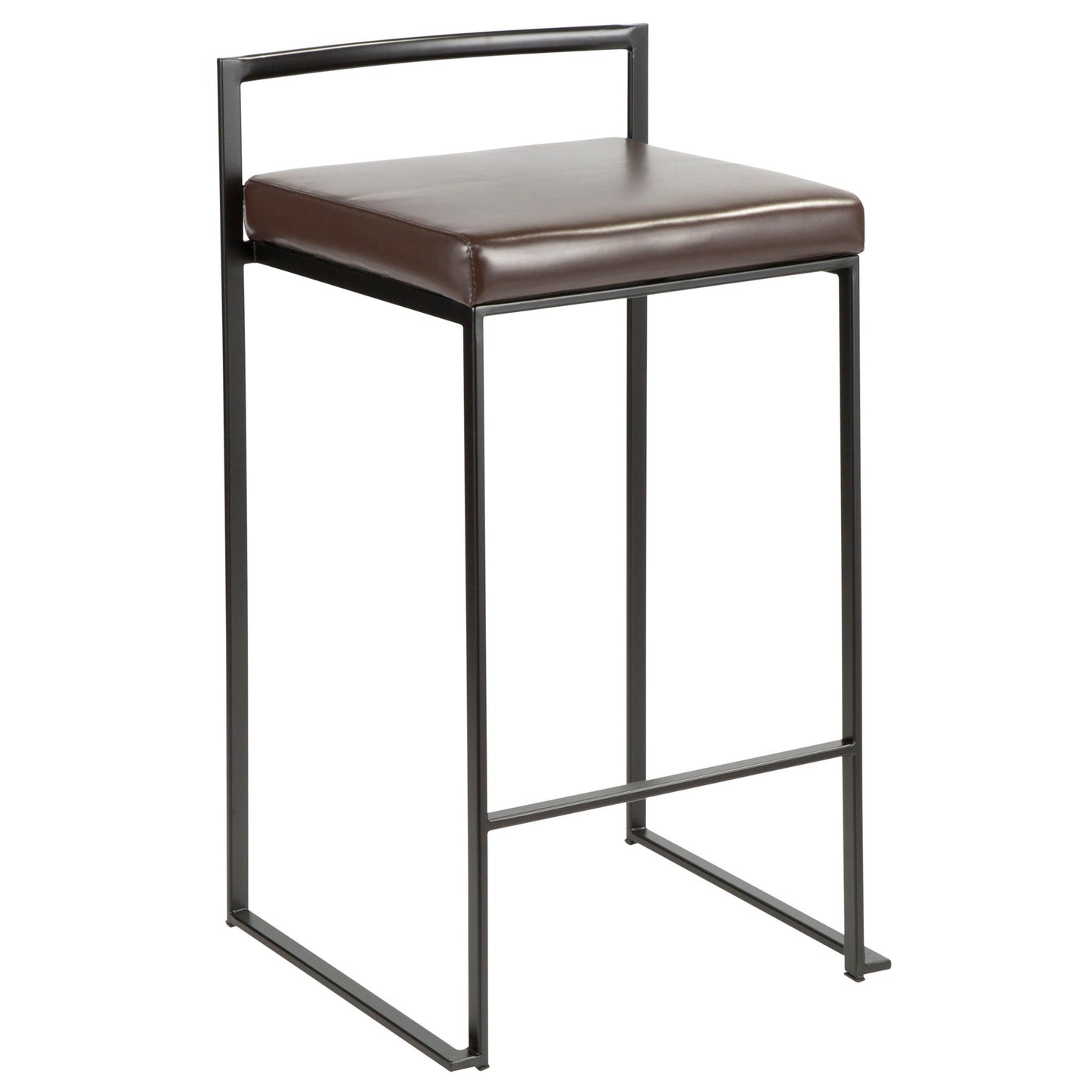 The Fuji - Contemporary Style Stackable Counter Stool features a sleek black metal frame, low rectangular backrest, and a square brown cushioned seat for a minimalist look with straight lines and an open base.