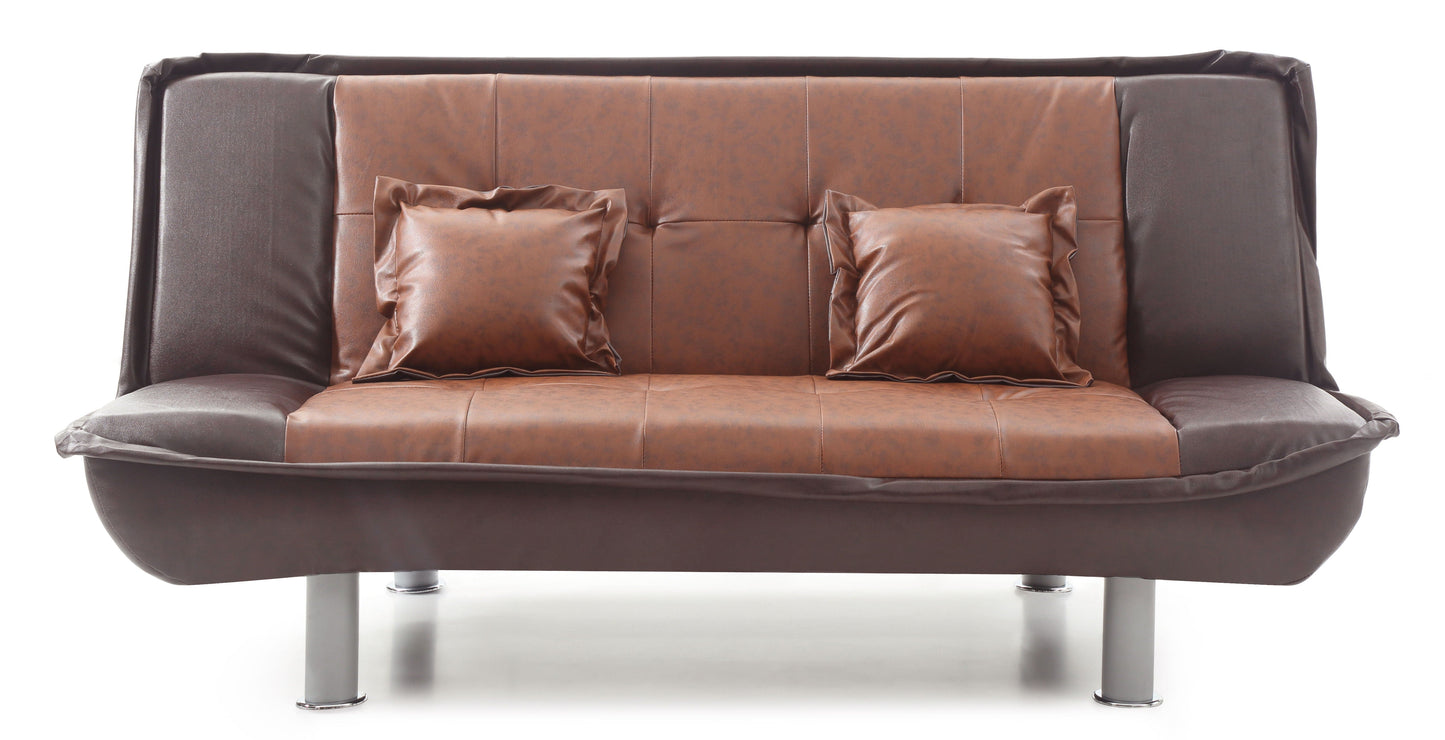 The Lionel - Sofa Bed - Two Tone is a modern brown sofa with matching cushions, blending dark and light brown upholstery. Its sleek lines, metal legs, and minimalist design are set against a plain white background.