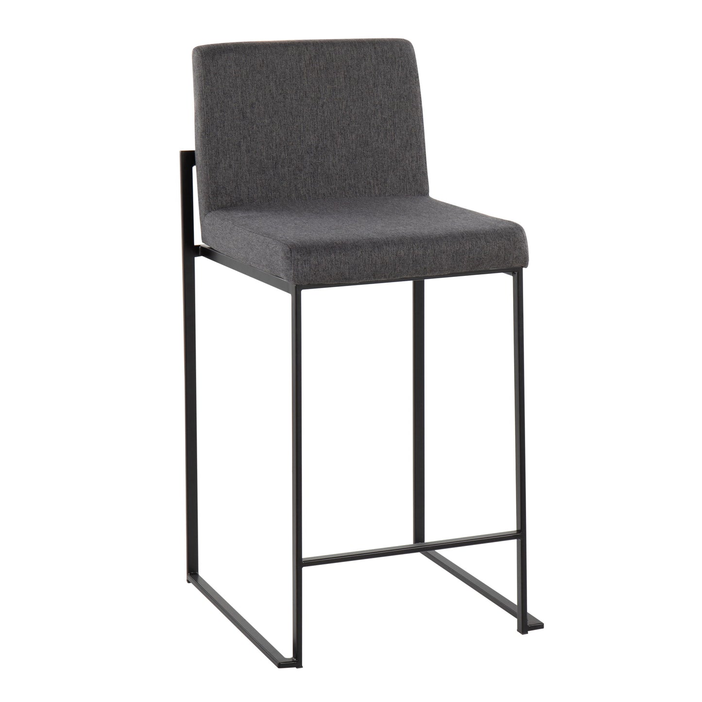 The Fuji - Contemporary Modern Elegance, High Back Counter Stool features a dark gray cushioned seat and backrest with a sleek minimalist black metal frame, straight legs, and an integrated footrest for stylish comfort.