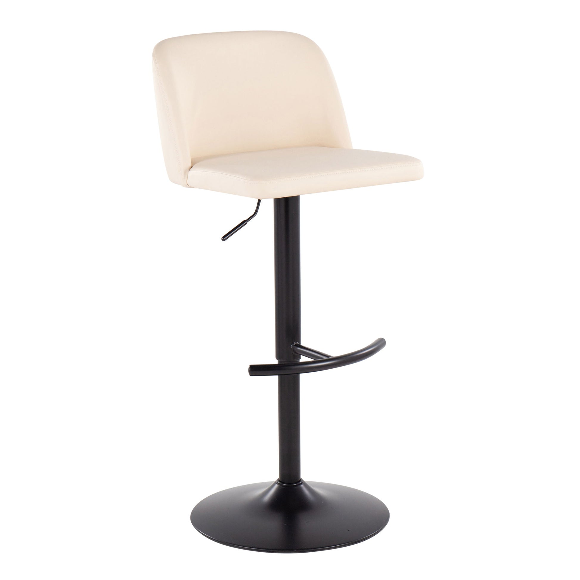 The Toriano Contemporary Adjustable Bar Stool (Set of 2) features a cream cushioned seat and backrest, black metal pedestal base, rounded T footrest, and height adjustment lever for modern comfort.