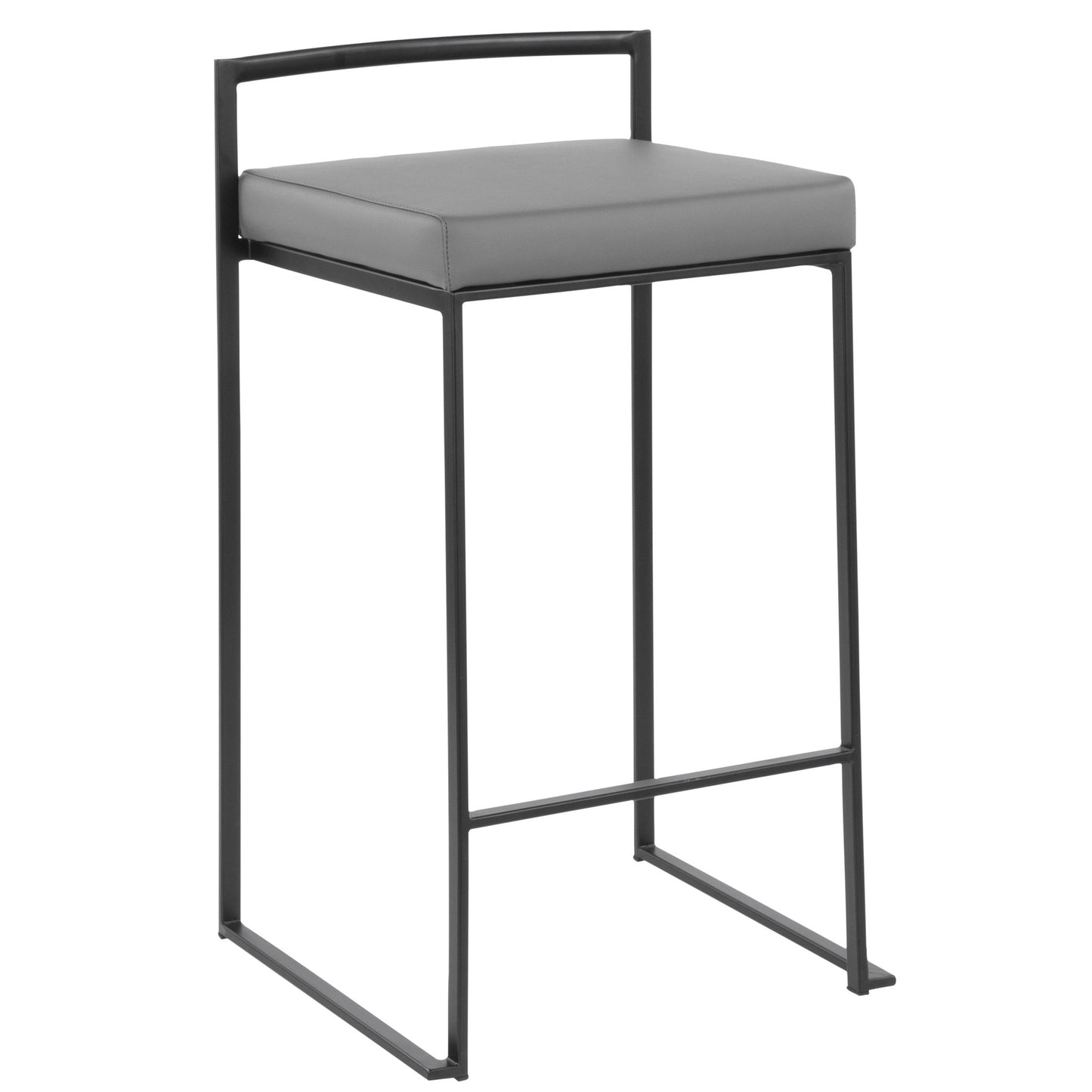 The Fuji Contemporary Style Stackable Counter Stool features a sleek black metal frame, low backrest, and a square gray cushioned seat for a minimalist, modern look.