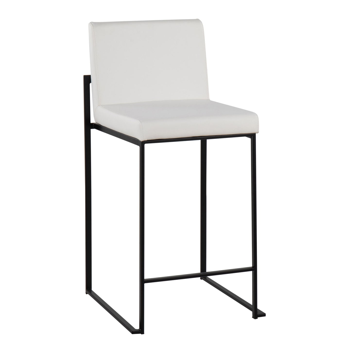 The Fuji - Contemporary Modern Elegance High Back Counter Stool features a white cushioned seat and backrest, paired with a minimalist black metal frame and open rectangular legs for stylish support.