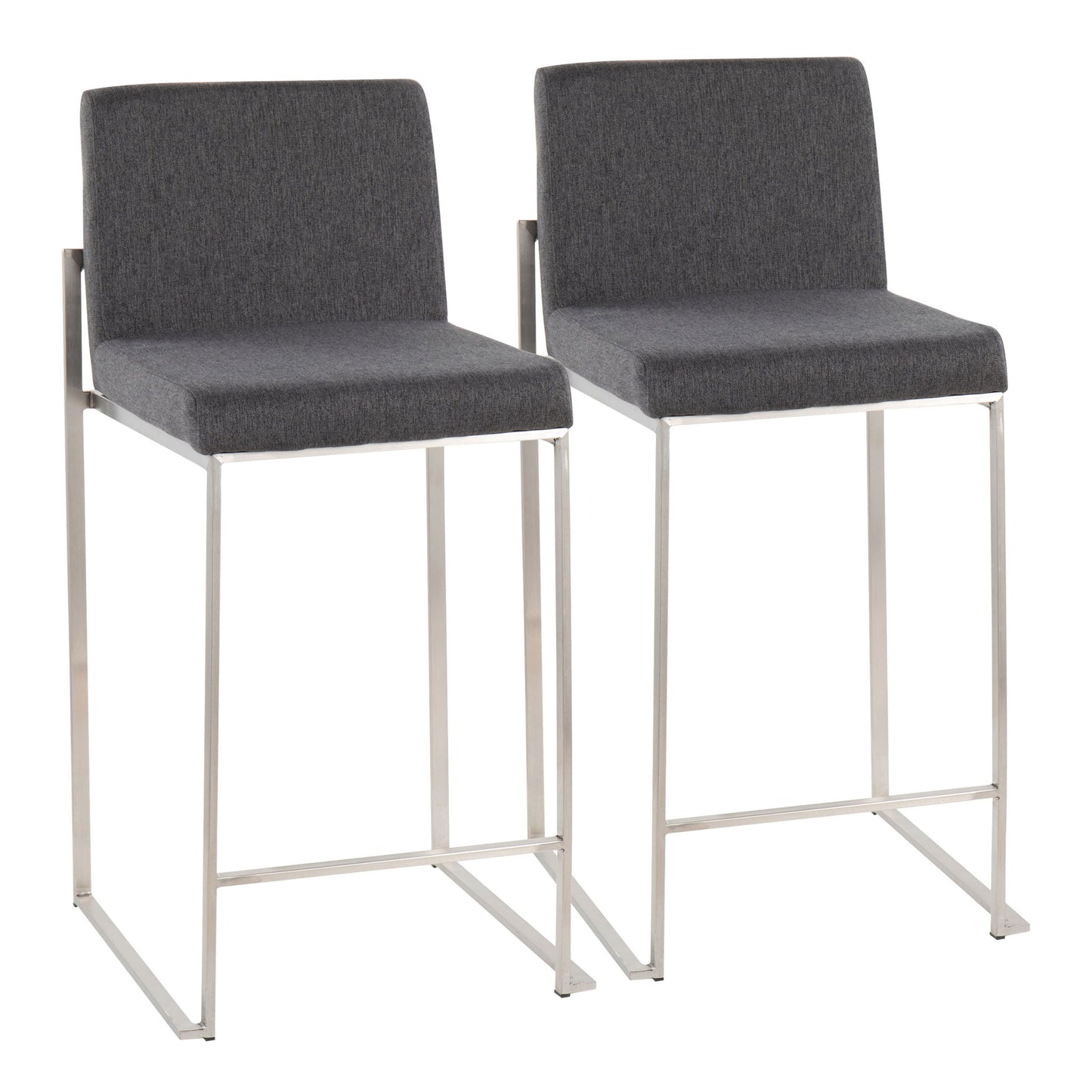 Two Fuji Contemporary High Back Counter Stools with functional design, featuring stainless steel legs and dark gray upholstered seats and backs, are placed side by side against a white background.