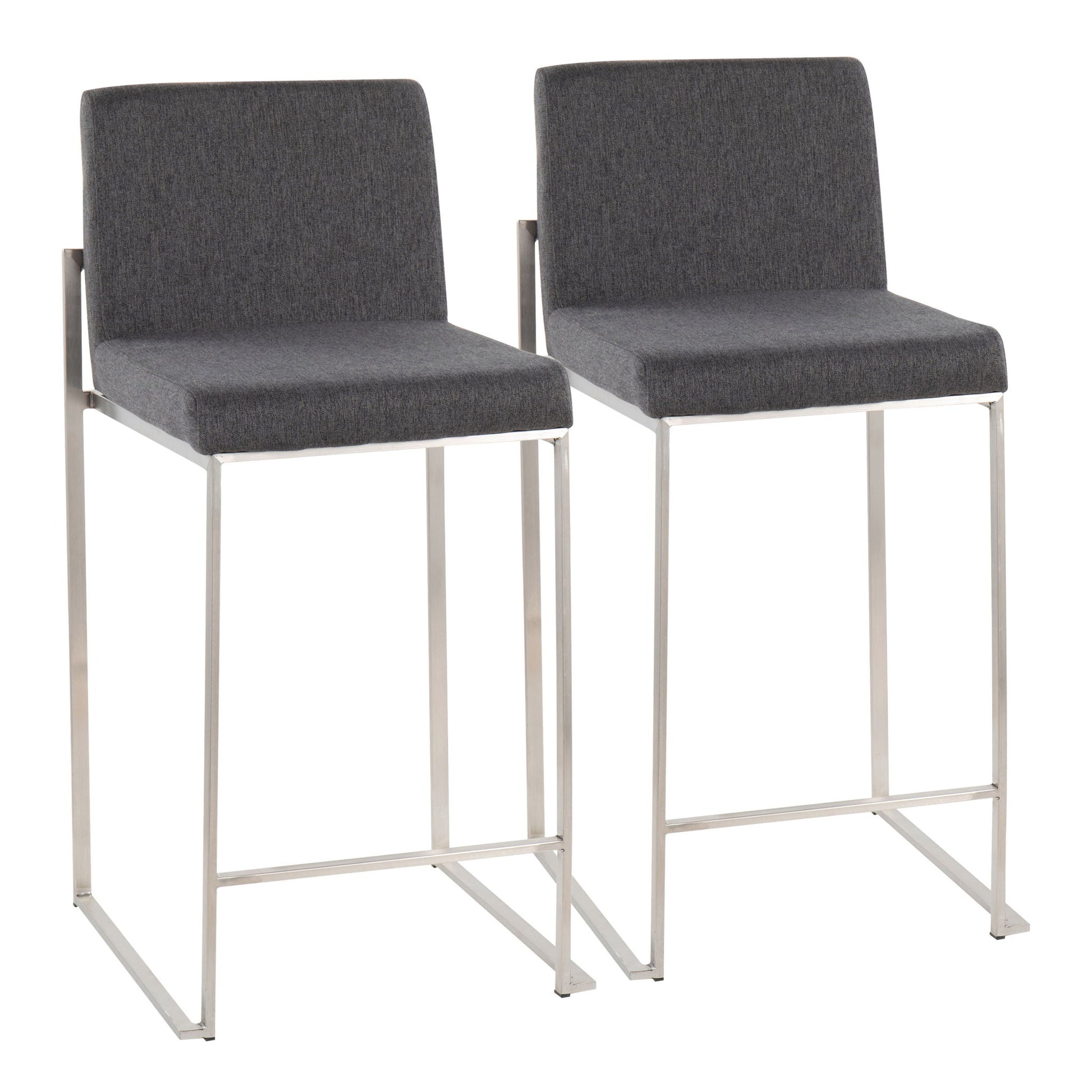 Two Fuji Contemporary High Back Counter Stools with functional design, featuring stainless steel legs and dark gray upholstered seats and backs, are placed side by side against a white background.