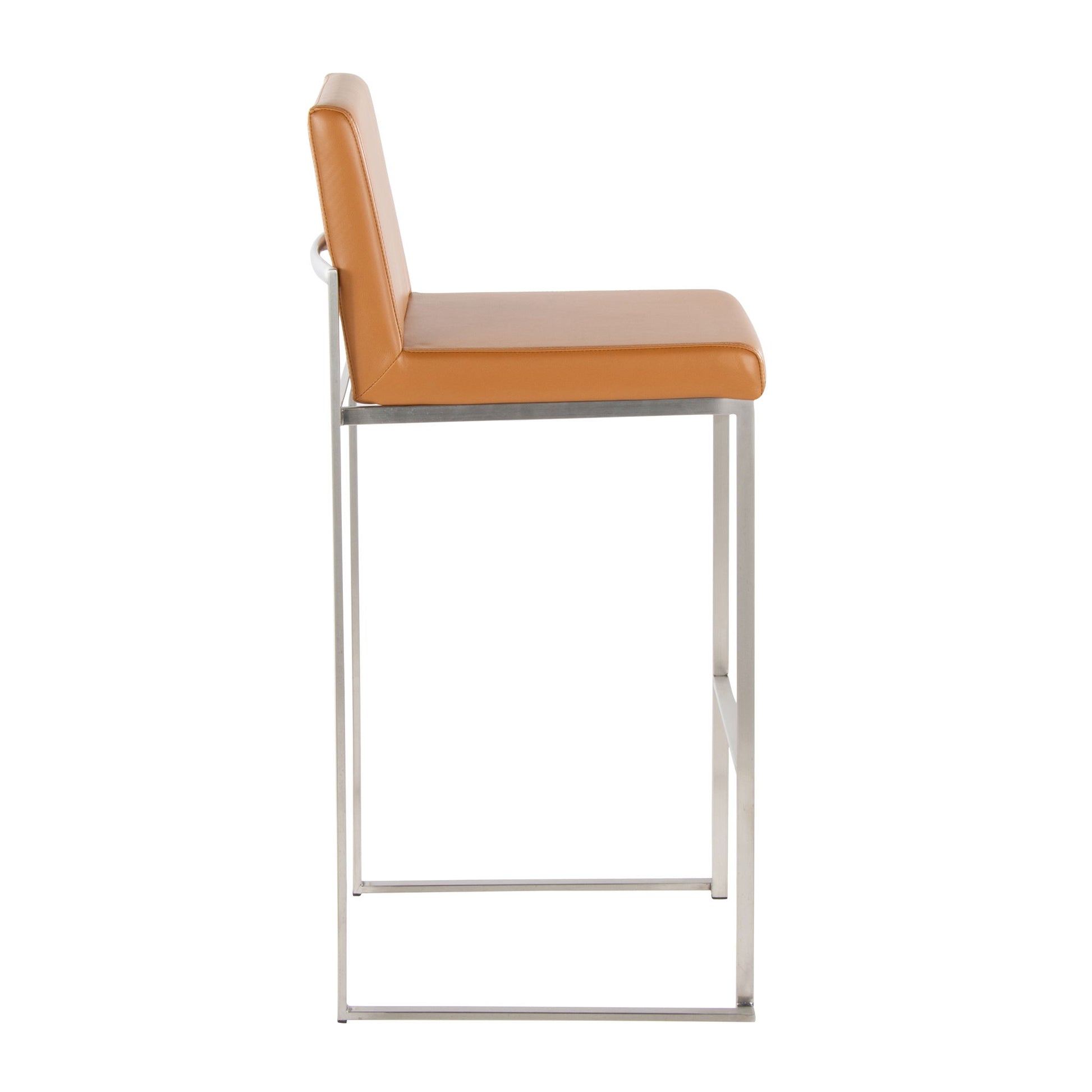 Side view of the Fuji - Contemporary And Modern Elegance High Back Barstool featuring a tan leather seat and backrest, supported by a sleek minimalist silver metal frame.