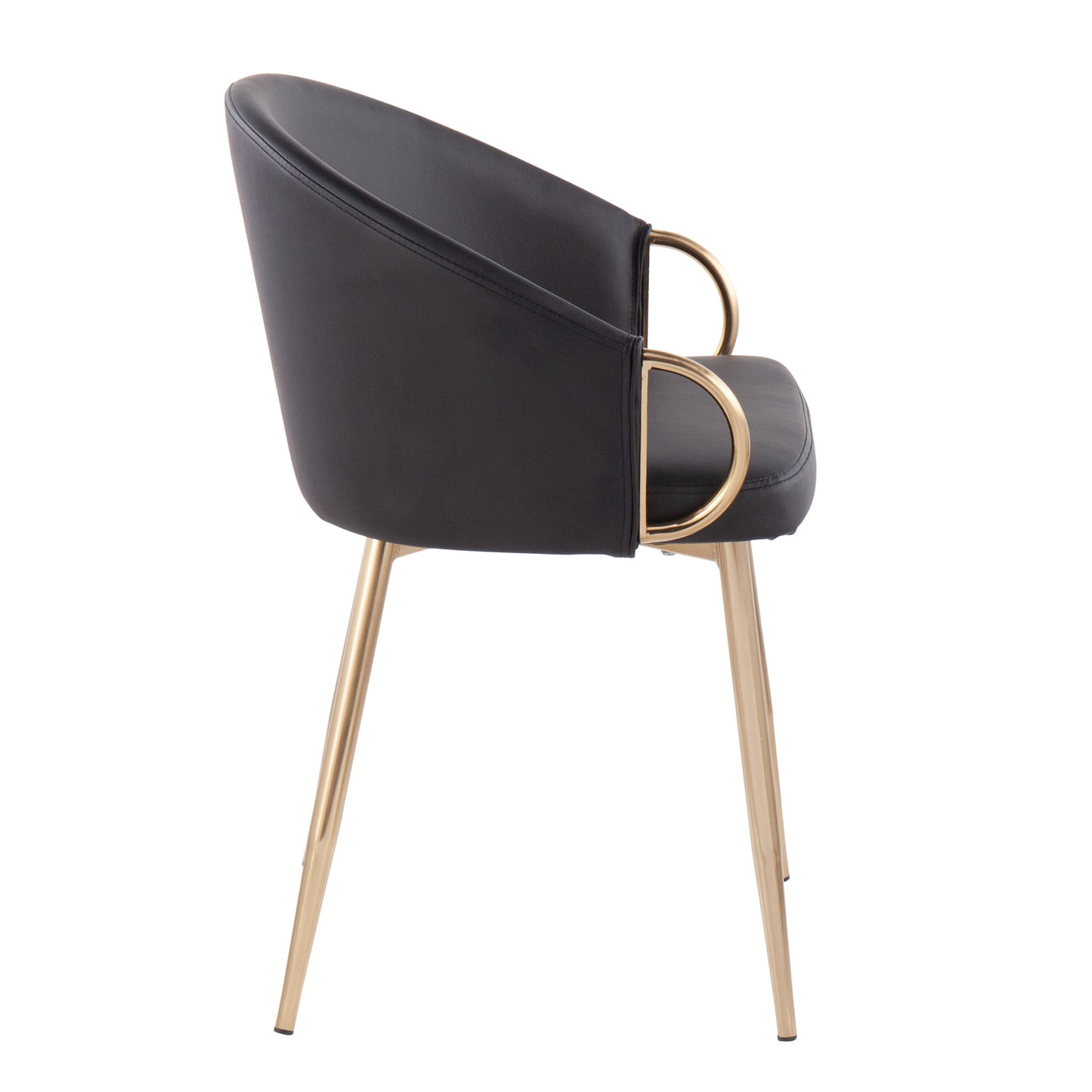 The Claire - Contemporary Glam Chair features a black curved backrest and seat, with gold metal armrests and four gold legs. Shown in profile against a white background.