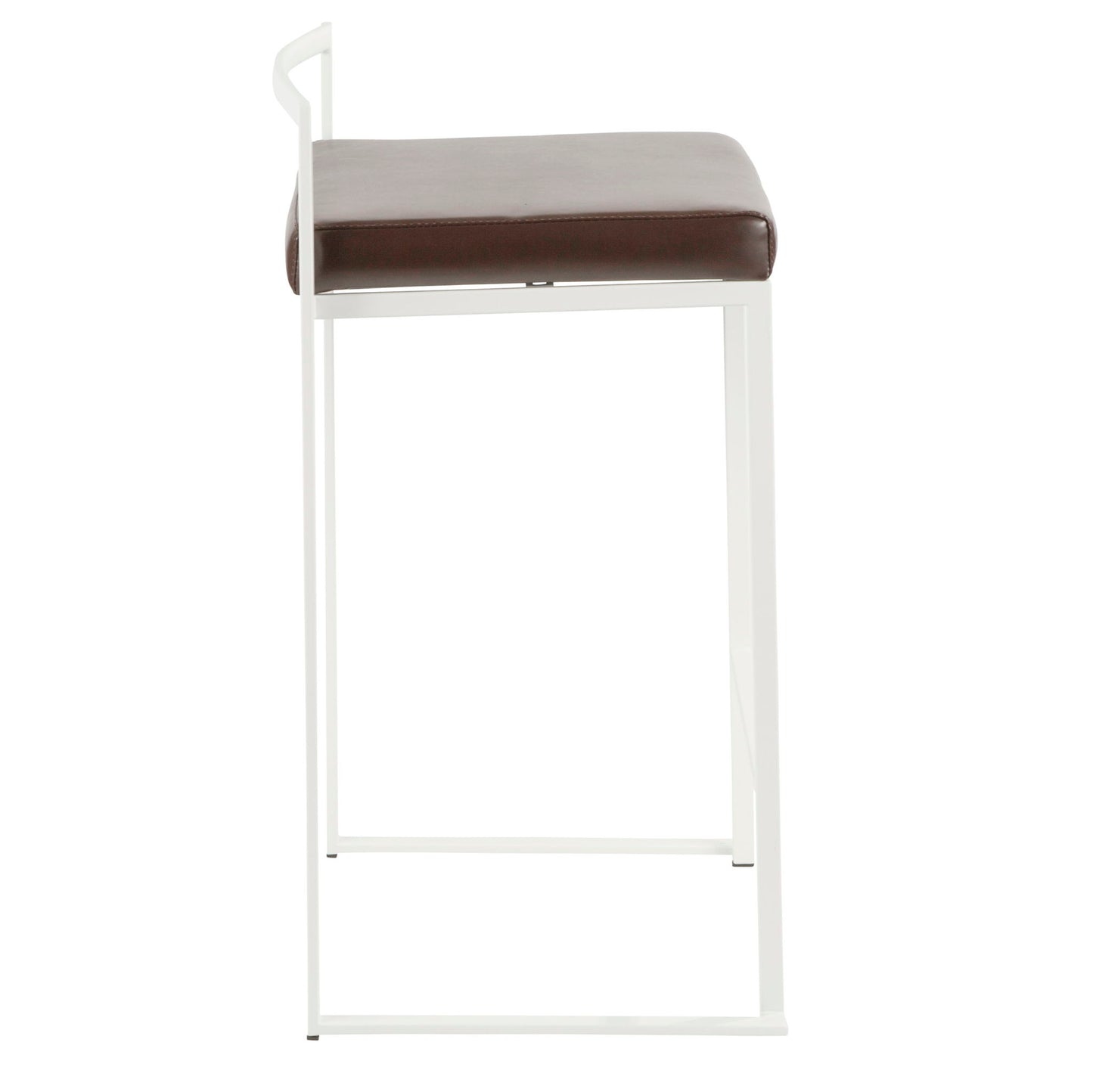 The Fuji - Simple Elegance Contemporary Stackable Counter Stool features a slim white metal frame and a rectangular brown cushioned seat, displayed side-on against a plain white background.