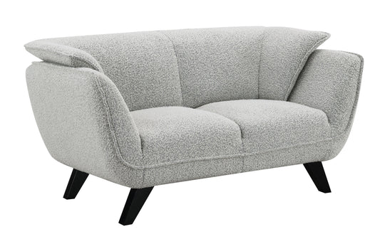 The Nayeli Boucle Loveseat features modern light gray upholstery, wide angled armrests, and black tapered wooden legs, shown against a white background.