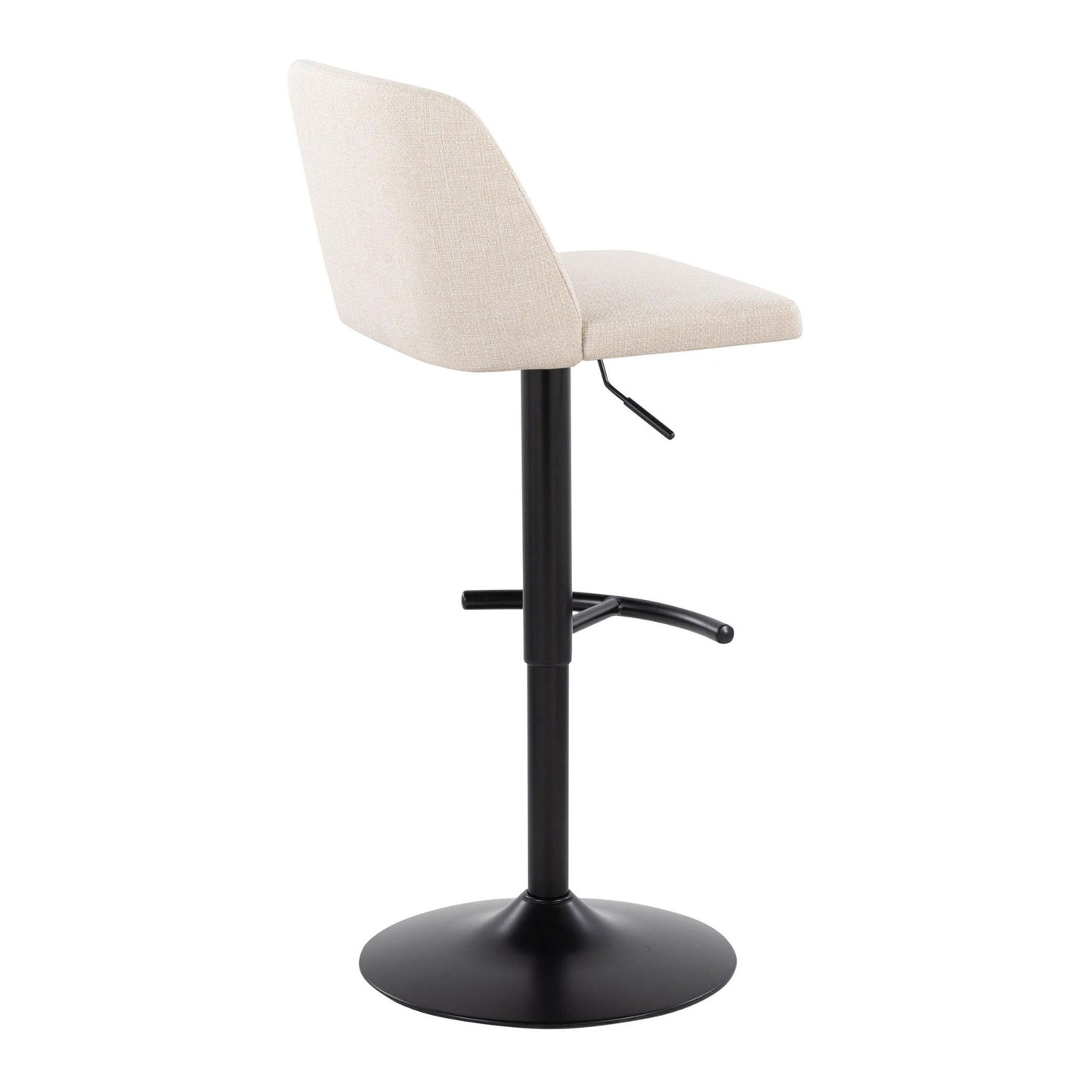 The Toriano Contemporary Adjustable Bar Stool (Set of 2) features a beige upholstered seat and backrest, black metal adjustable-height base, rounded T footrest, and round pedestal base.