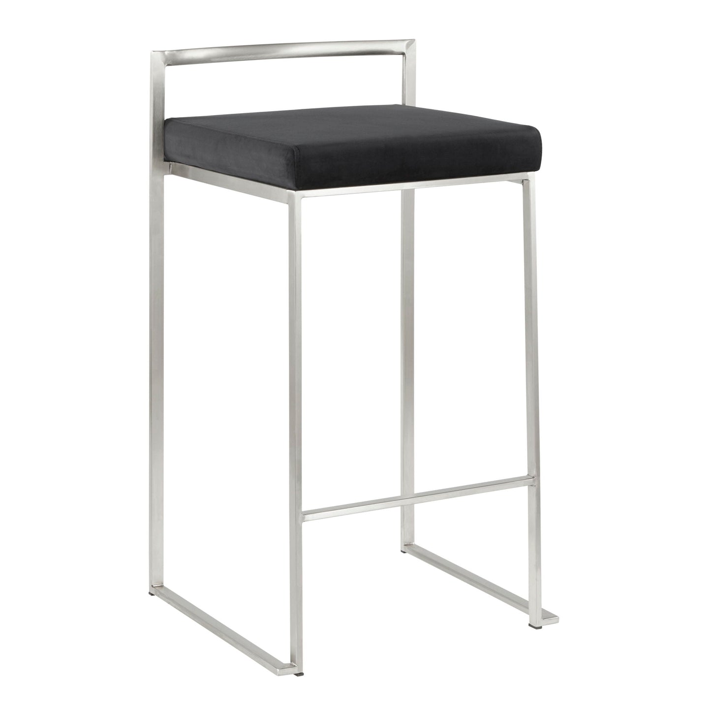 The Fuji Contemporary Elegant Stackable Counter Stool Set features a sleek metal frame, low rectangular backrest, black cushioned seat, and minimalist design with straight lines and an open, airy structure.