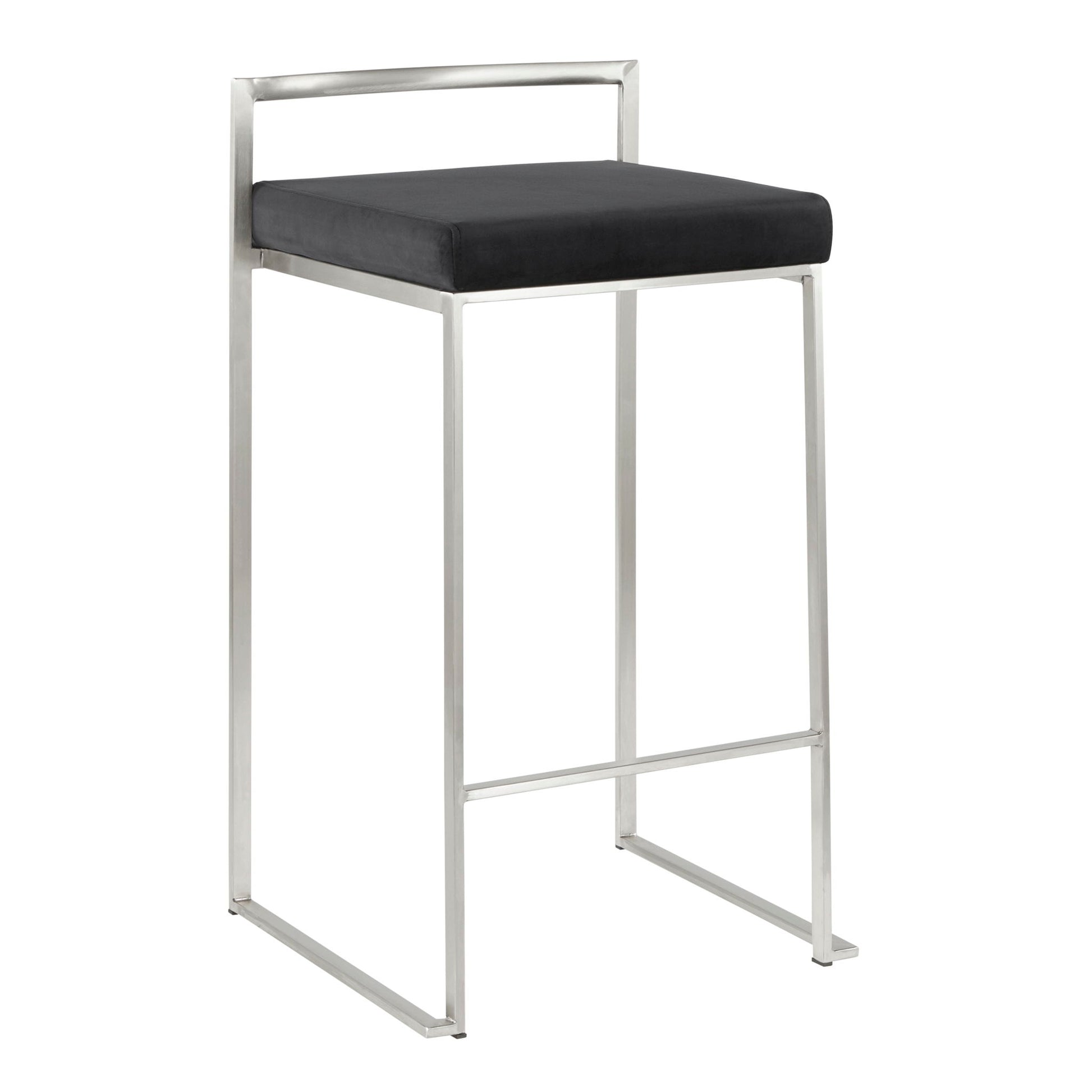 The Fuji Contemporary Elegant Stackable Counter Stool Set features a sleek metal frame, low rectangular backrest, black cushioned seat, and minimalist design with straight lines and an open, airy structure.