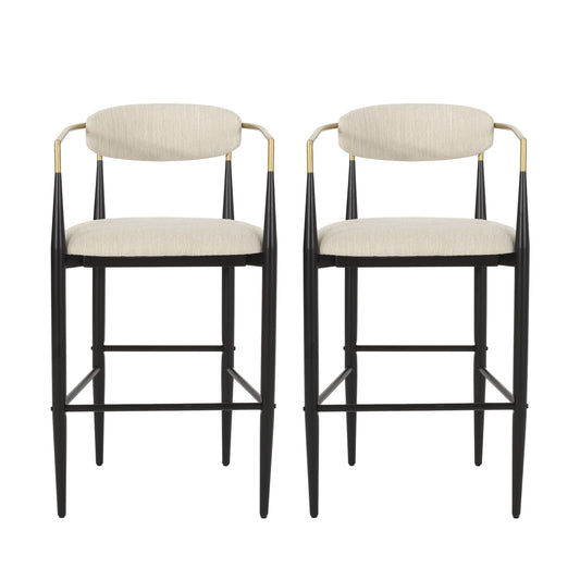 The Counter Height Upholstered Barstools (Set of 2) feature black metal frames, beige cushioned seats and backs, plus metallic gold armrest accents, shown against a plain white background.