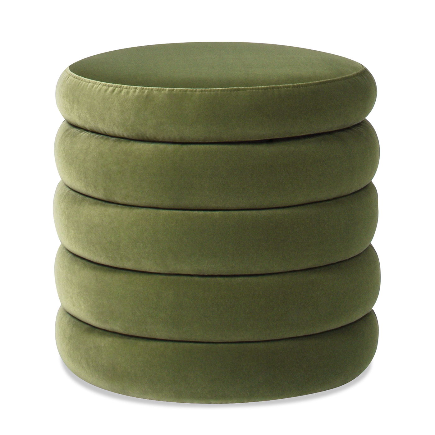 The Fuji Oversized Round Storage Ottoman features a stacked, cushion-like design with five horizontal layers and comes in olive green velvet.