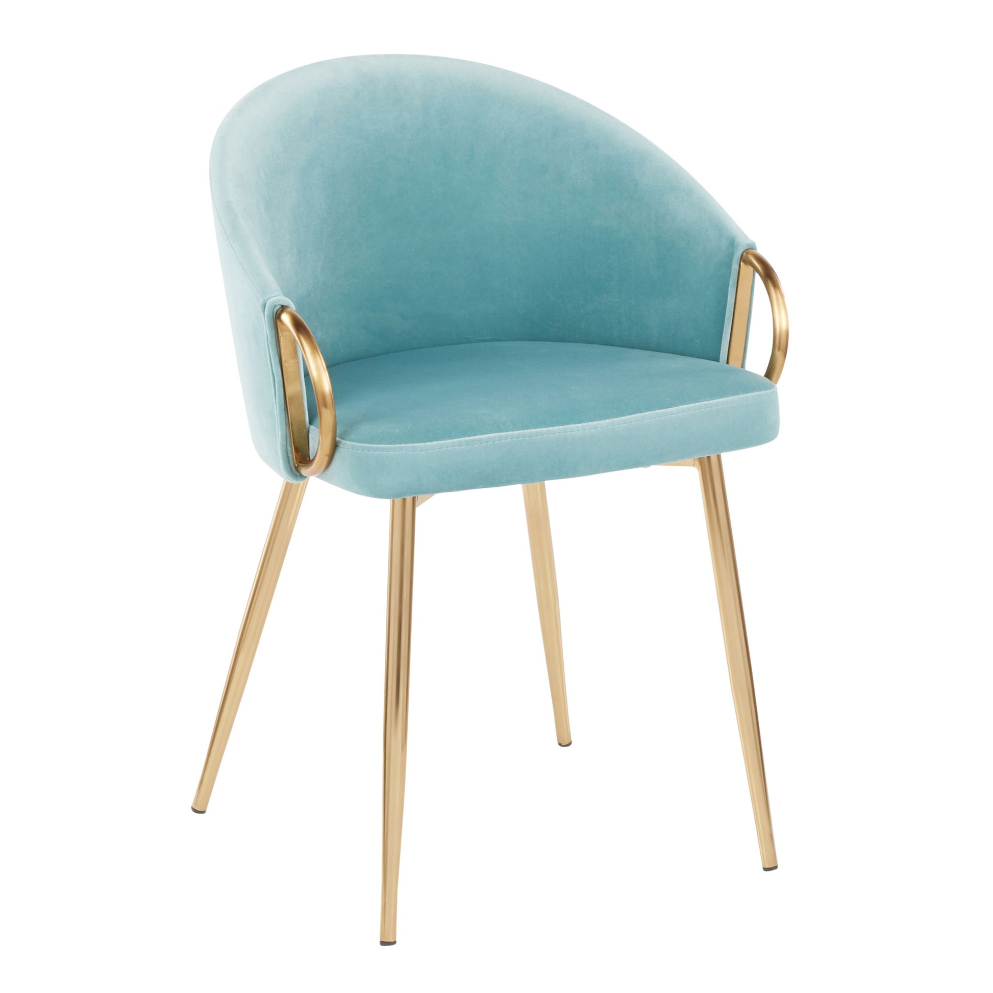 The Claire - Contemporary Glam Chair features light blue velvet upholstery, gold metal legs, matching gold armrest handles, a curved backrest, and a sleek minimalist design.