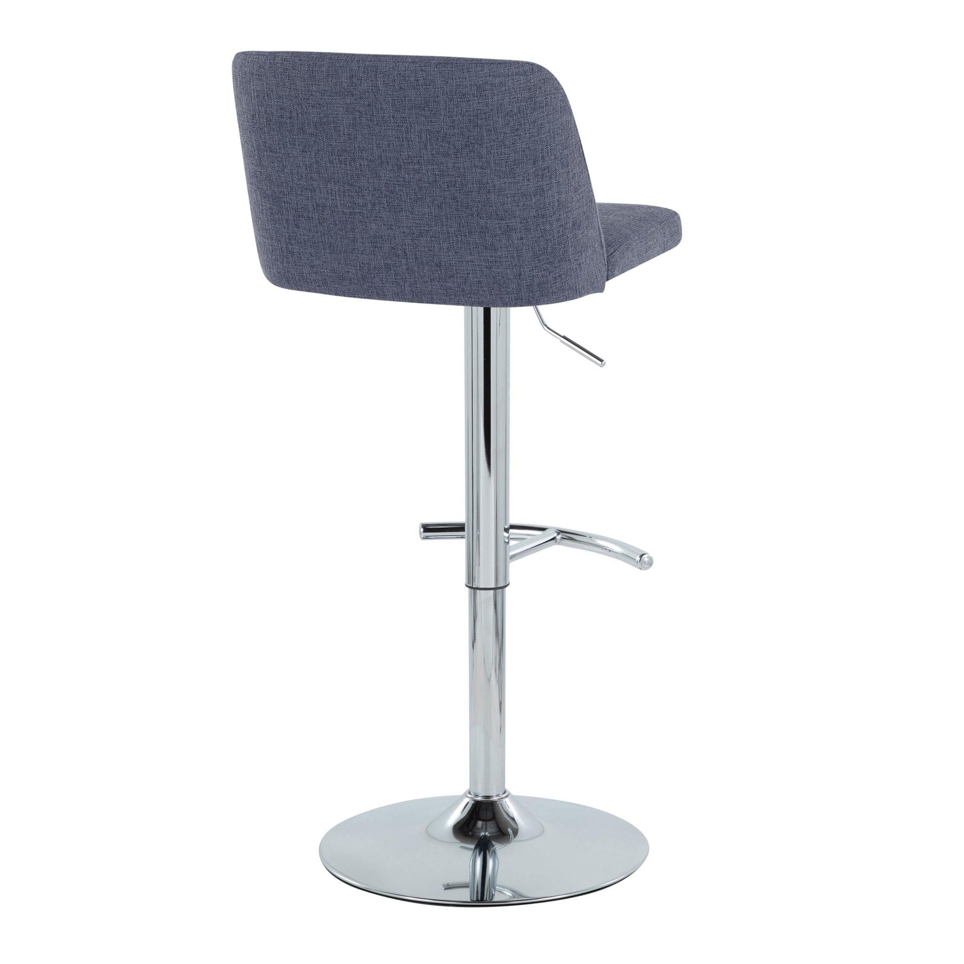 The Toriano Contemporary Adjustable Barstool set features a gray upholstered backrest and seat, chrome swivel base, rounded T footrest, and round shiny metal base, shown from the back.