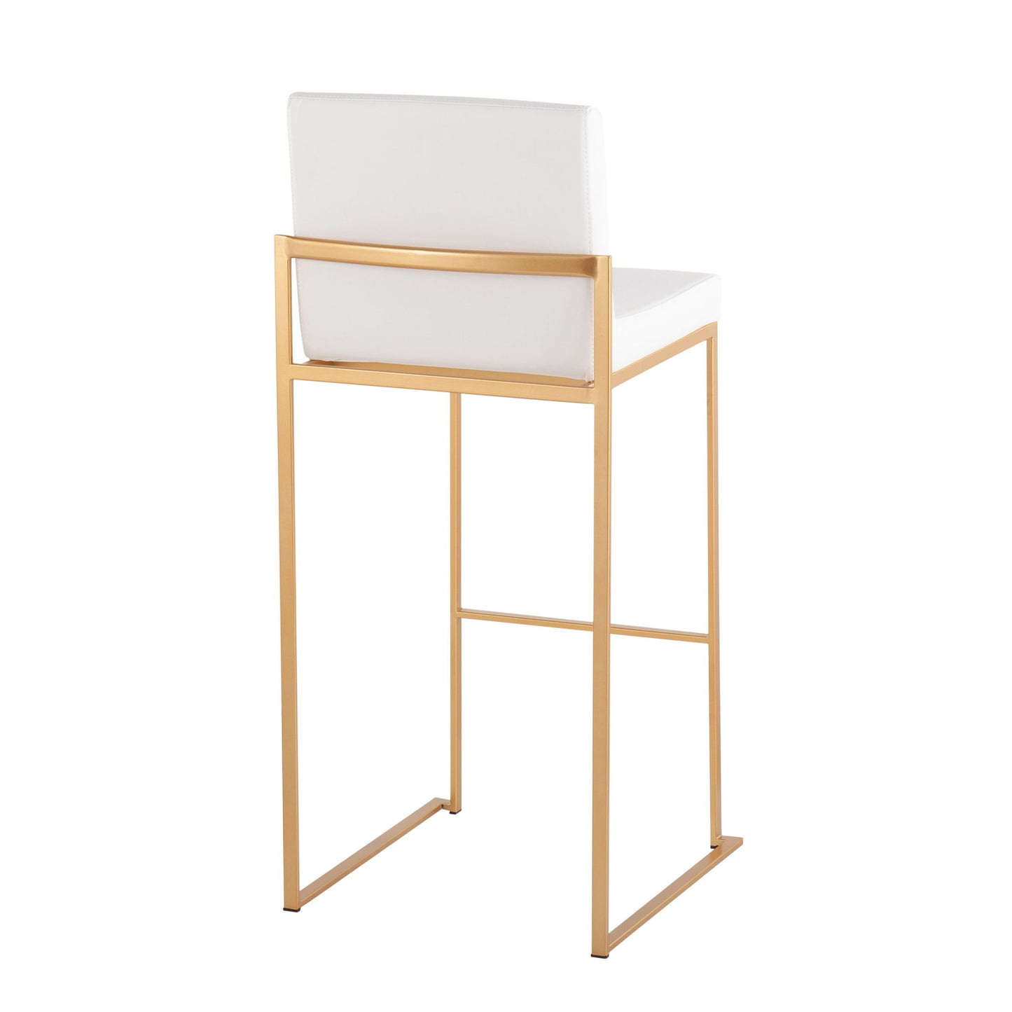 The Fuji - Contemporary Design High Back Barstool (Set of 2) features a white cushioned seat and backrest, gold metal frame, and open rectangular base, shown from a rear angle.