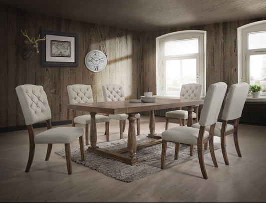 A dining room featuring the Bernard - 7 Pieces Dining Room Set, a wooden table with six upholstered chairs, complemented by a textured rug, wood-paneled walls, two large windows, a wall clock, framed art, and a mounted antler decoration.