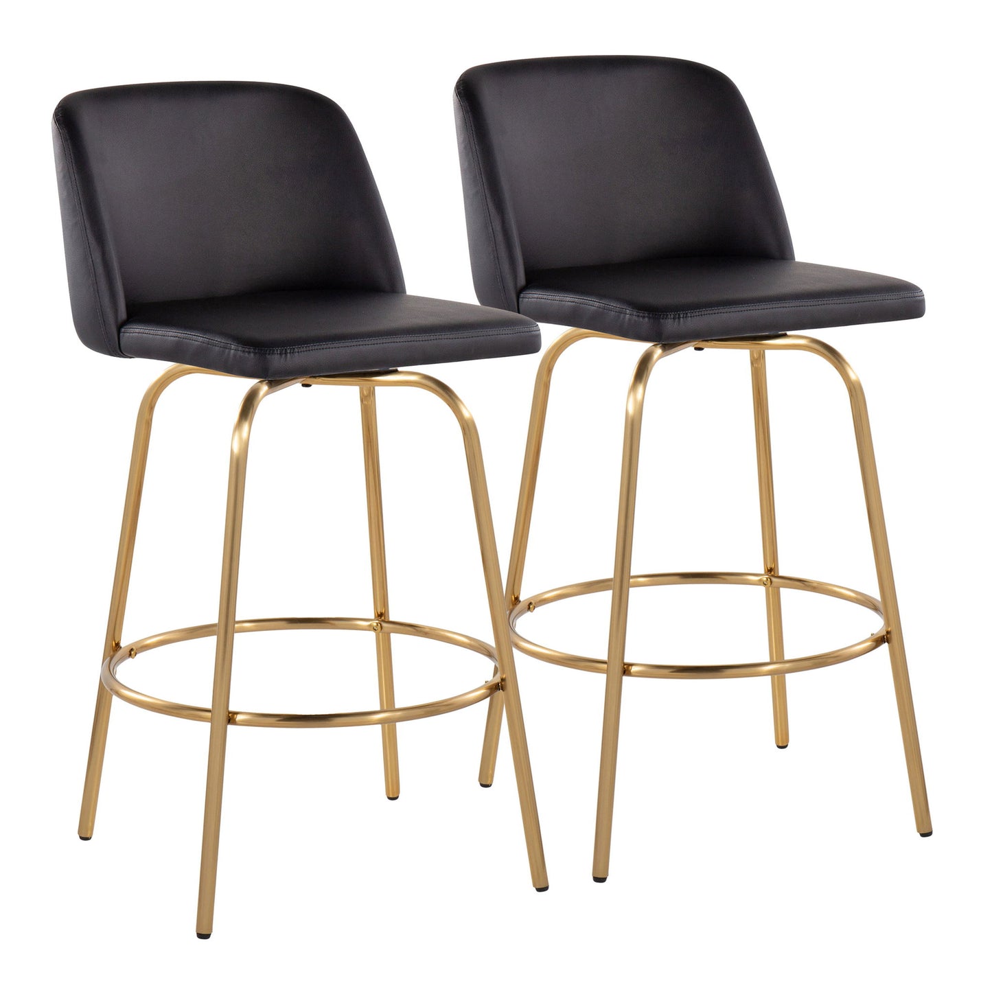 The Toriano set includes two contemporary, fixed-height counter stools with swivel seats and round footrests. Each stool features black cushioned seats and backs, slender gold-colored metal legs, and a circular footrest for support.